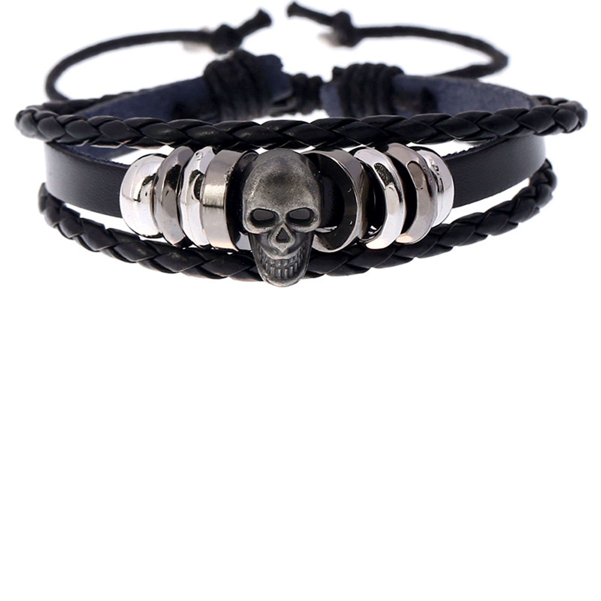 Pulsera de cuero trenzado con calavera punk B3766