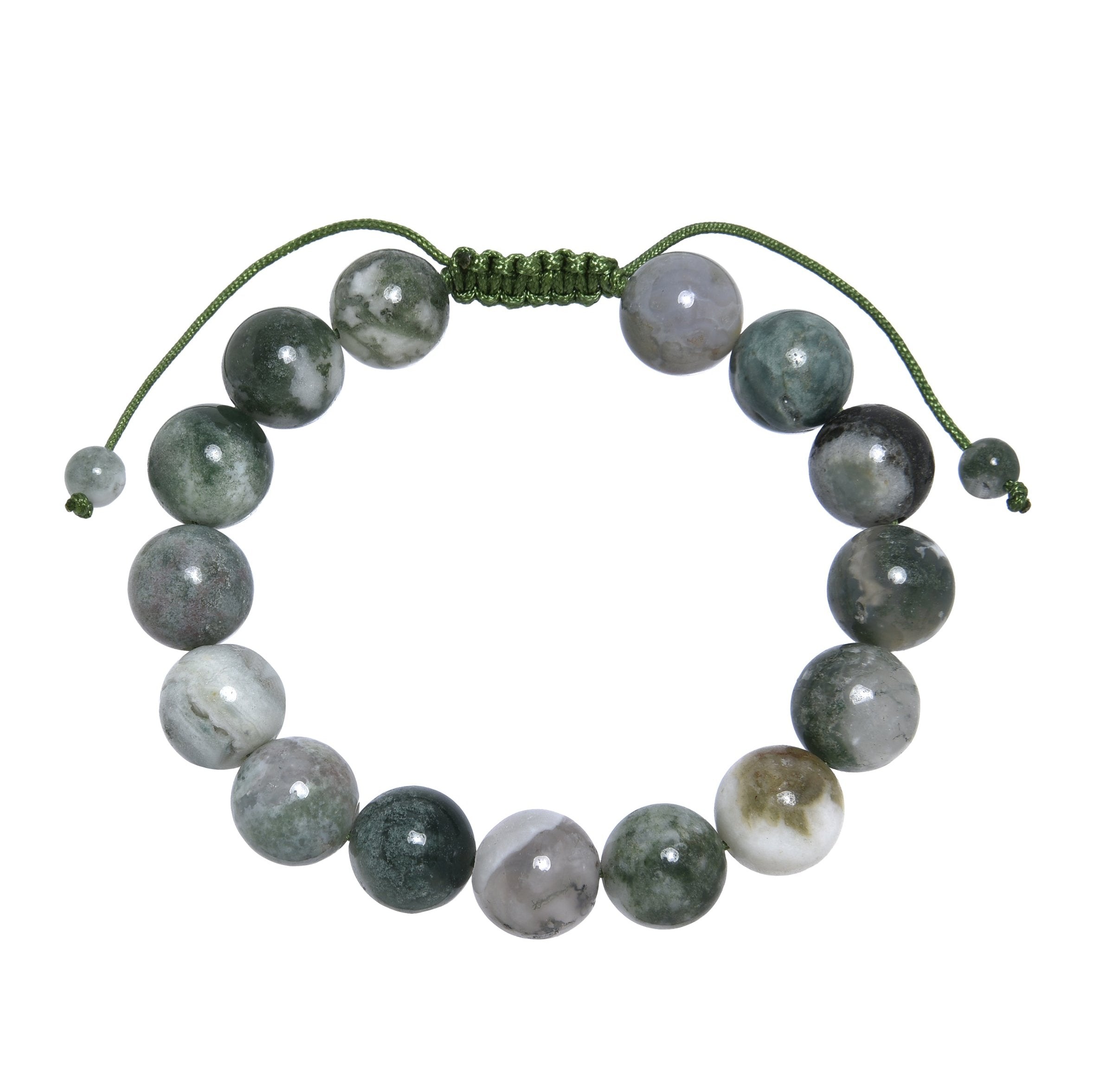 A braided bracelet featuring round beads made of tree line agate stone, with a green adjustable cord.