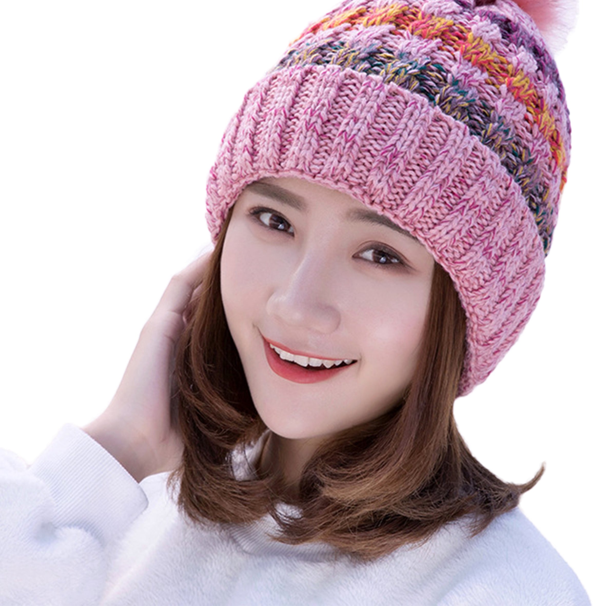 Gorro de punto cálido con pompones C0053