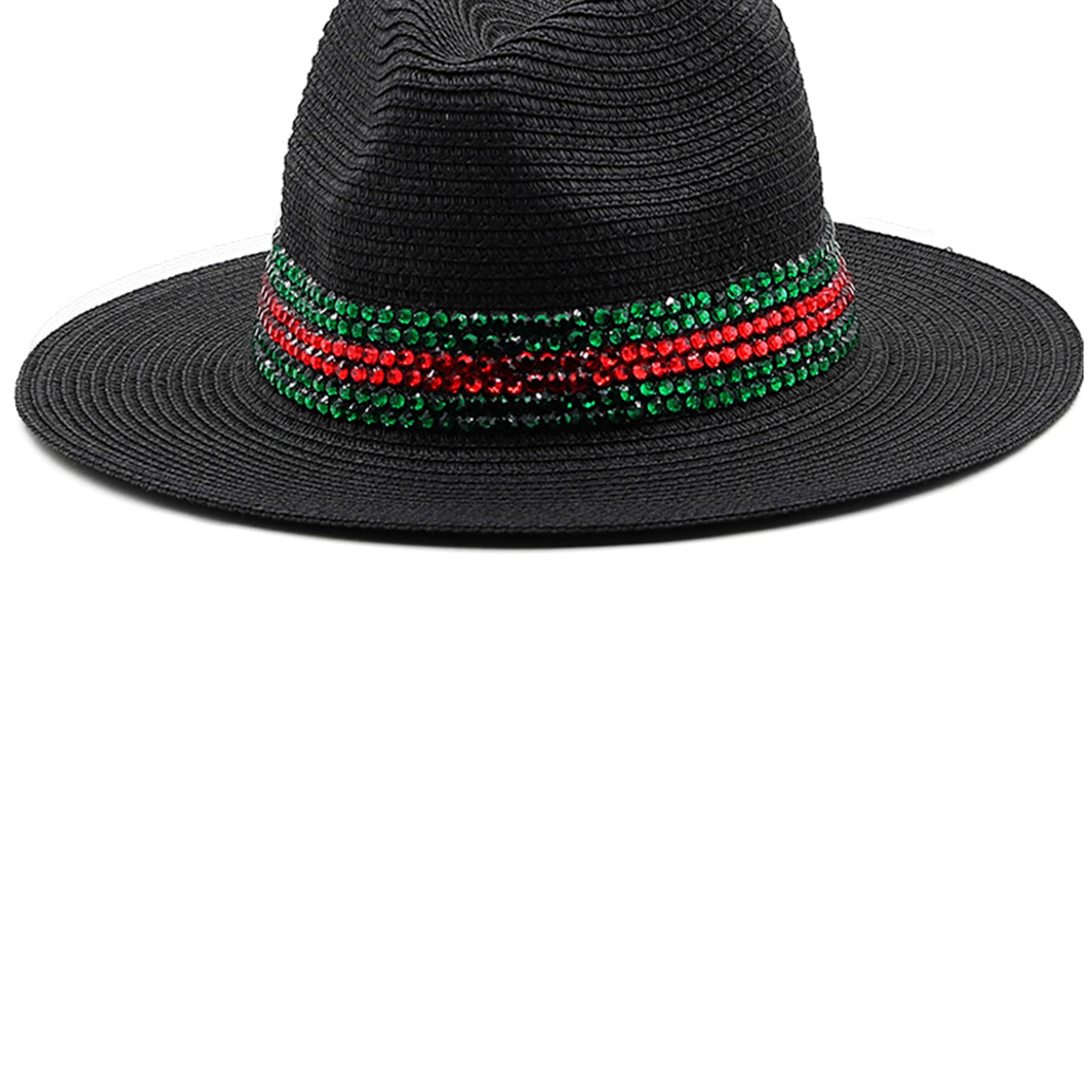 Striped Rhinestone Straw Cap C0534