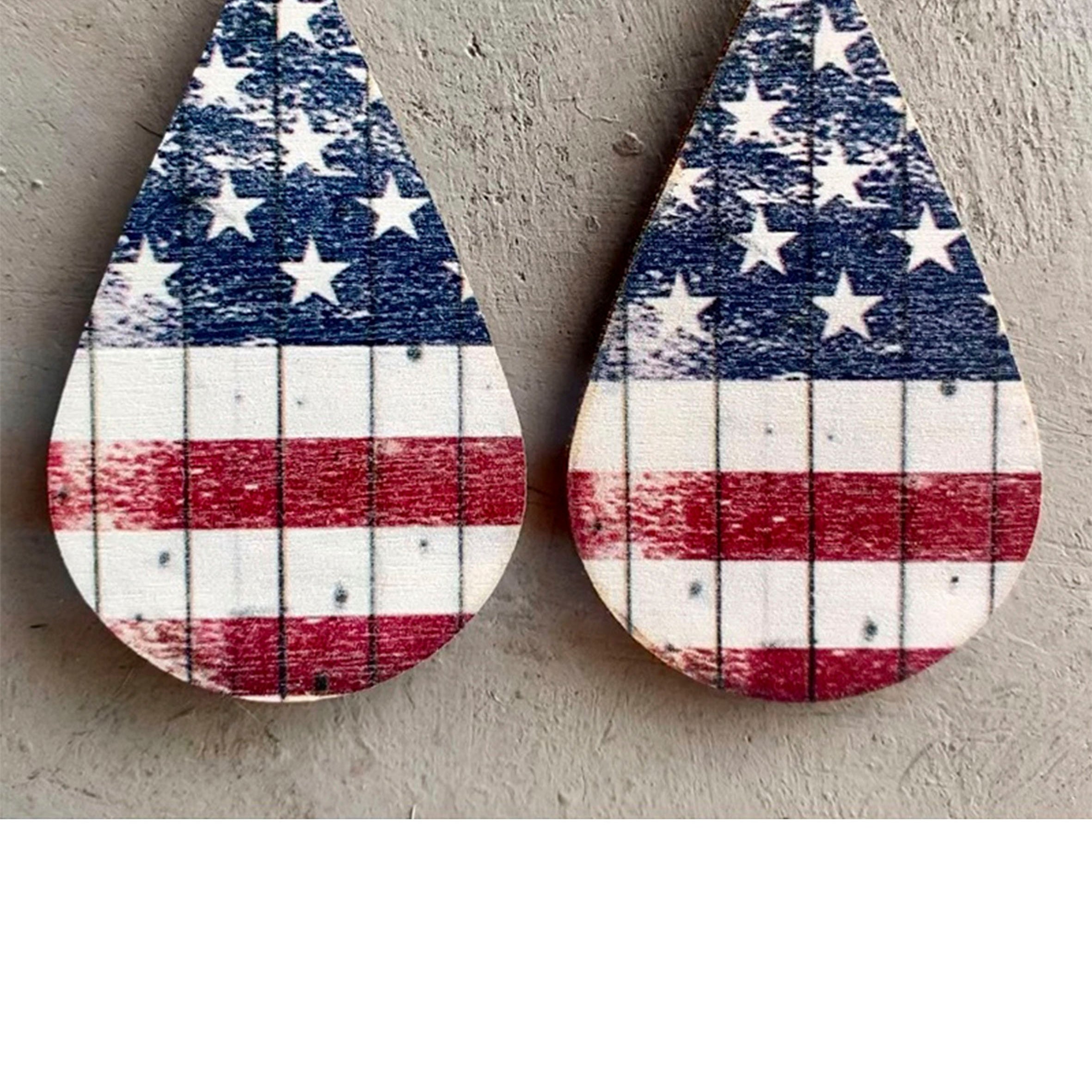 Teardrop American Flag Printed Wooden Earrings E5930