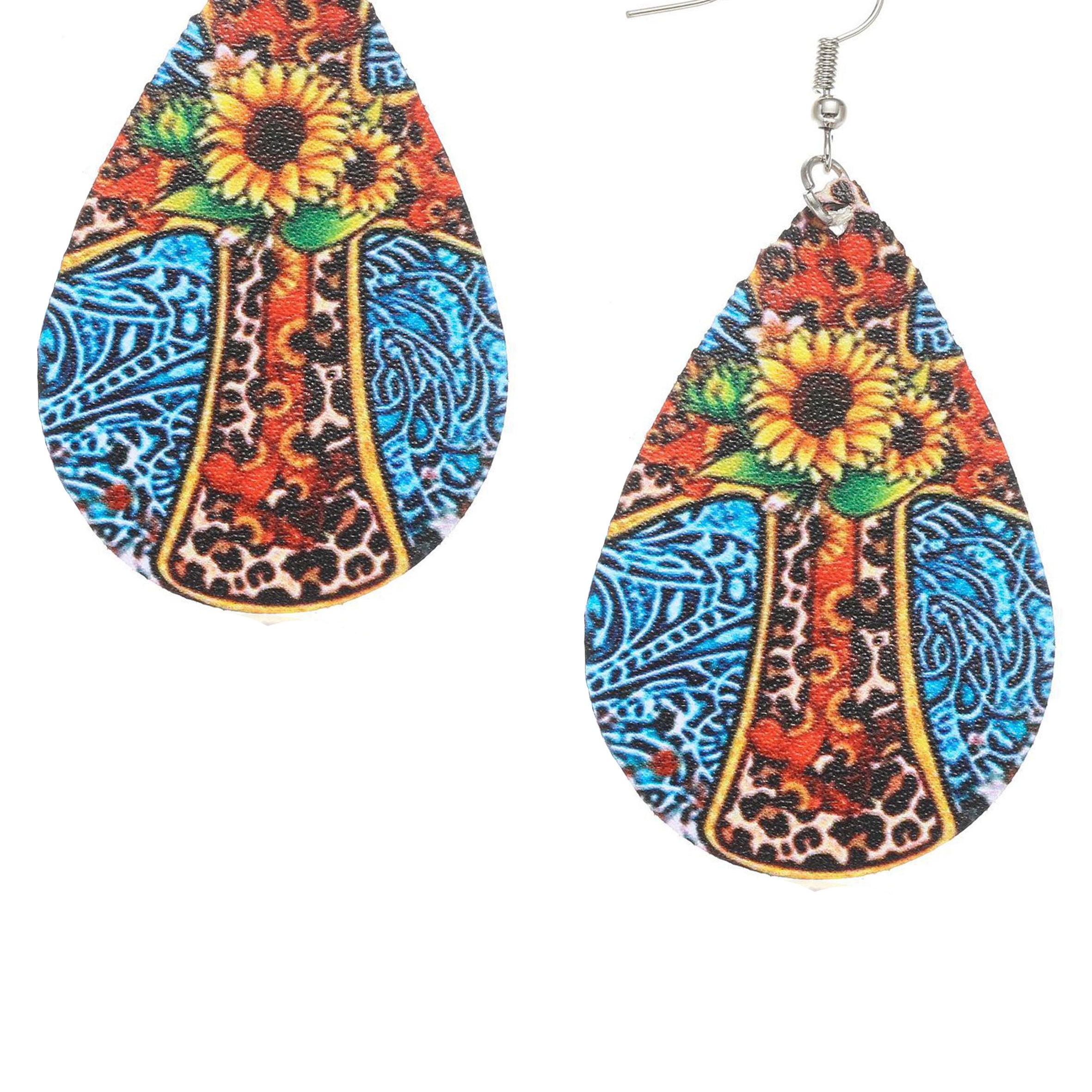 Pendientes de madera con forma de lágrima y cruz de girasol E6613