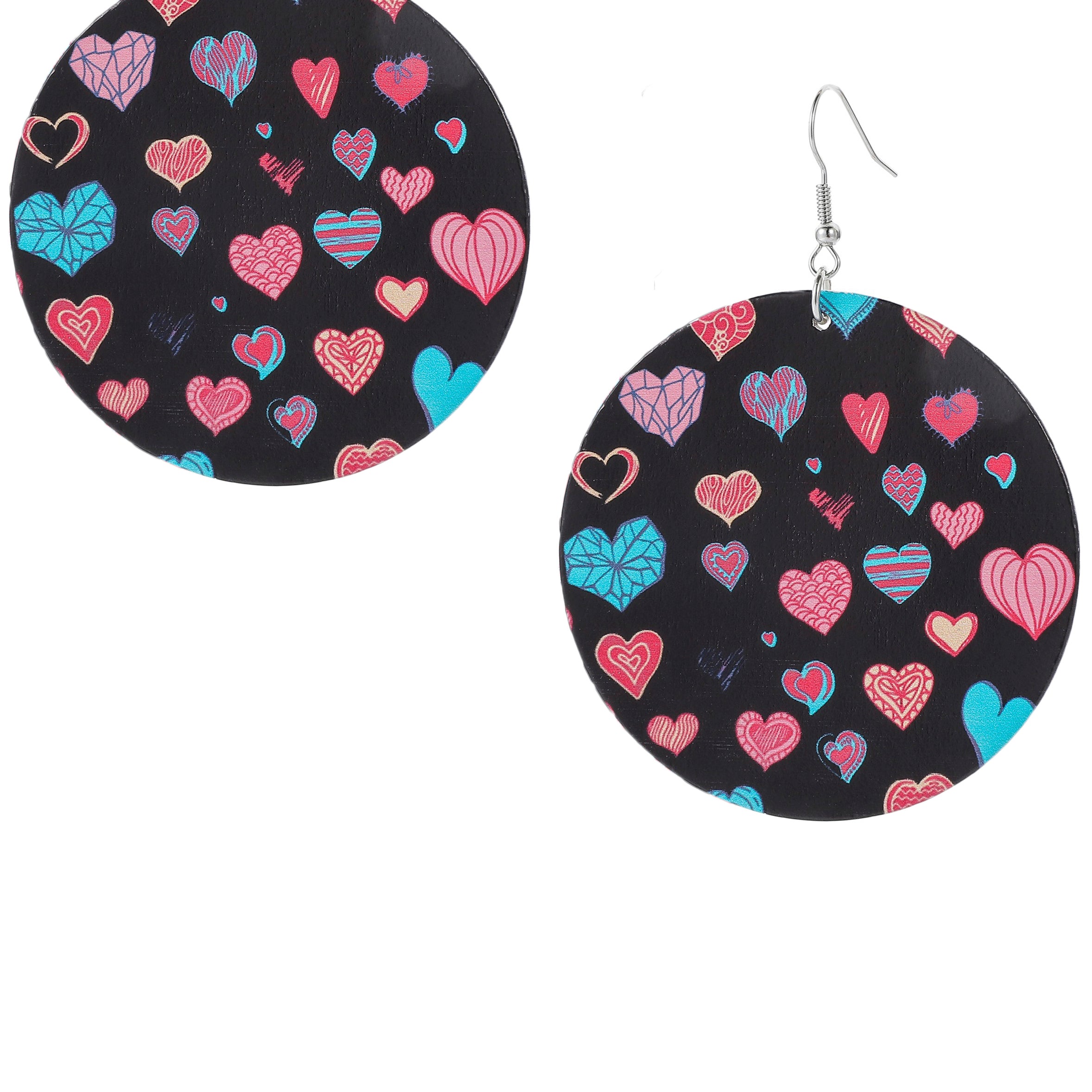 Pendientes de madera con forma de corazón y círculos E7152