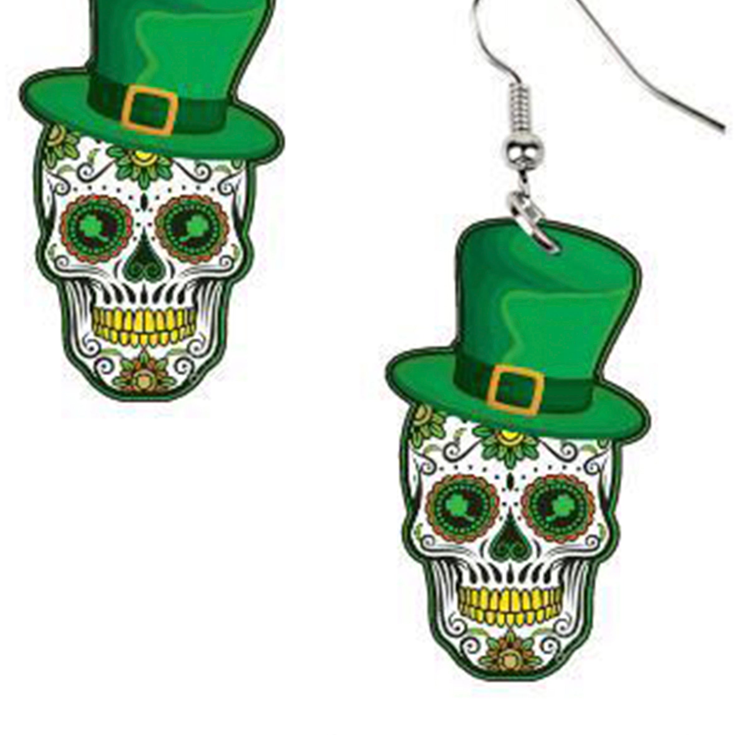 Pendientes acrílicos con forma de calavera y sombrero del día de San Patricio E7357
