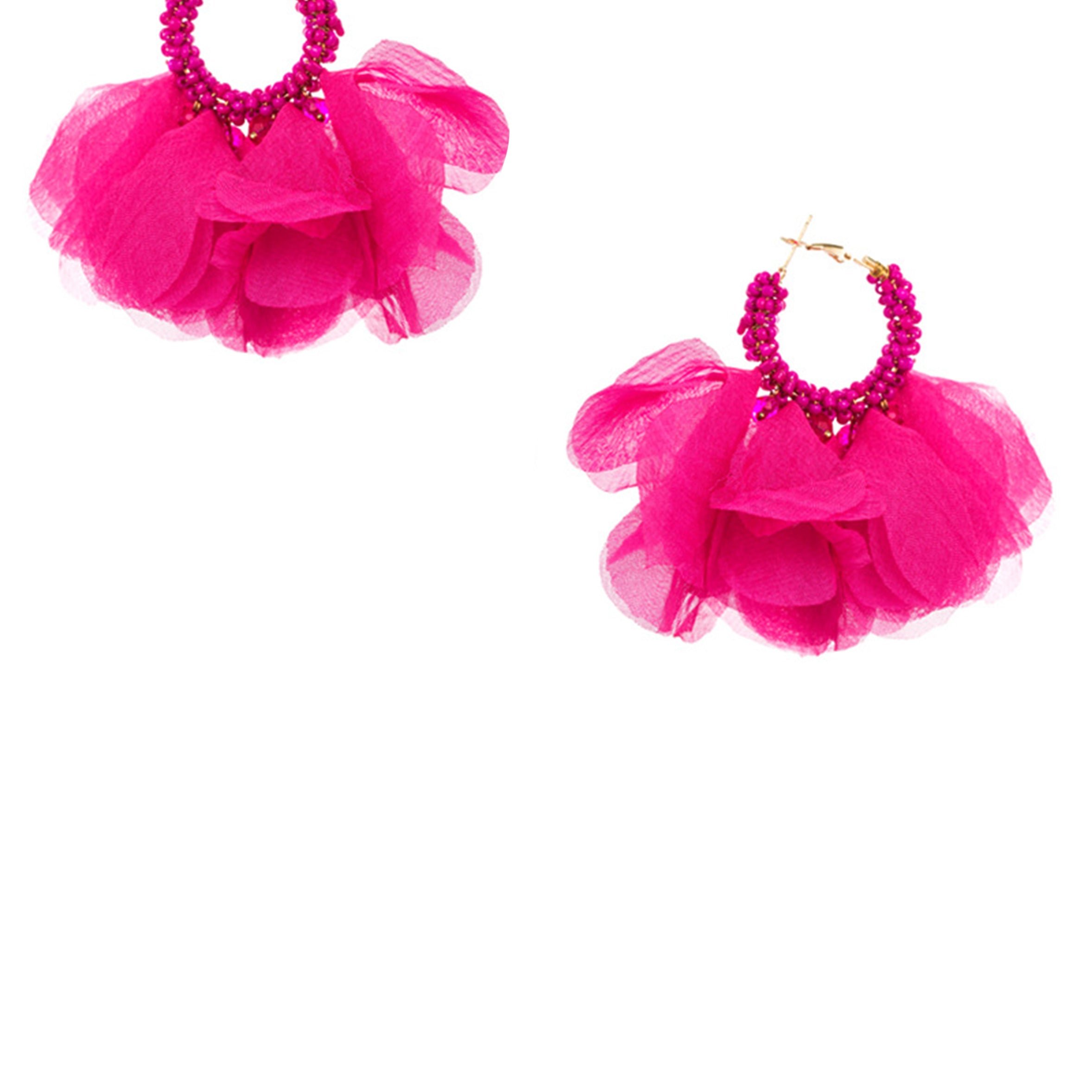 Floral Chiffon Seed Bead Hoop Earrings E7572