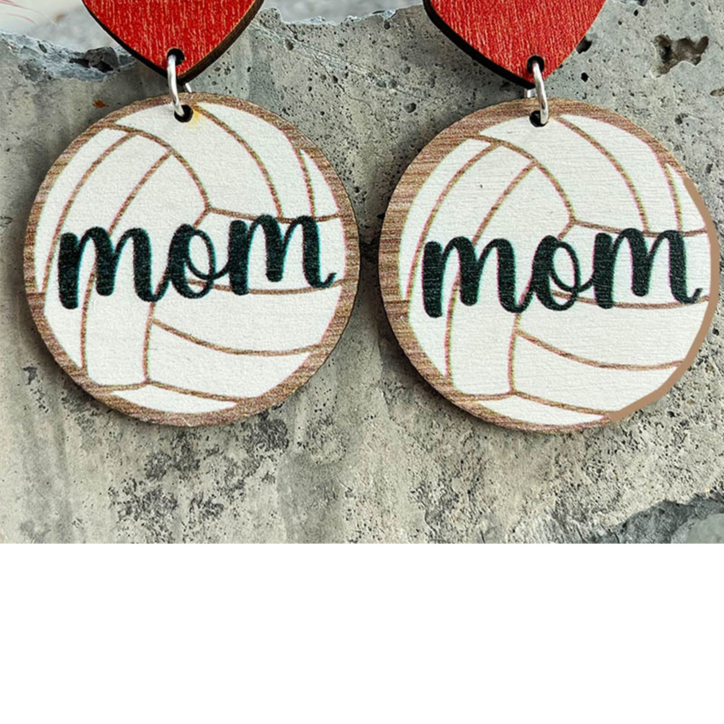 Pendientes de madera con forma de corazón de voleibol para mamá E7595