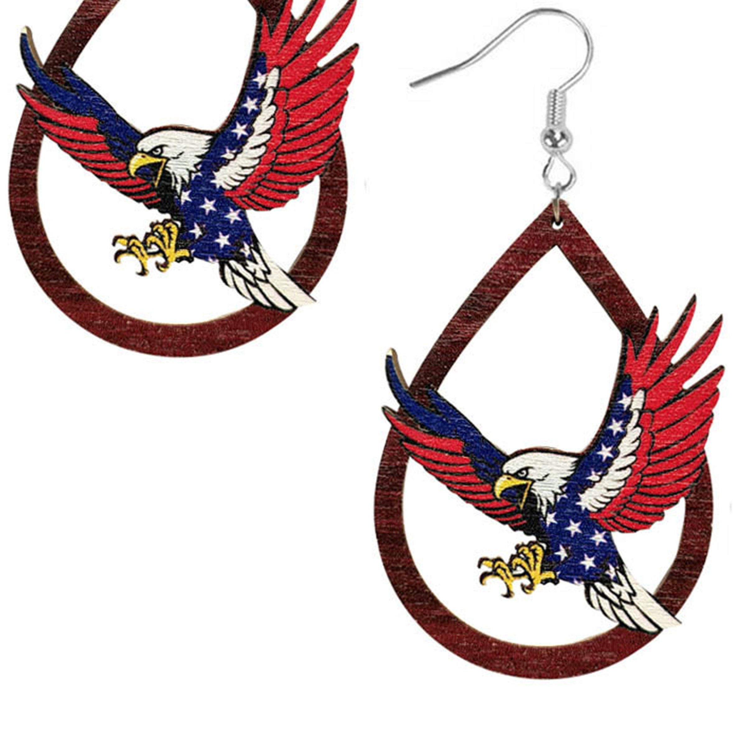 Pendientes de madera con bandera estadounidense en forma de lágrima y águila E7635