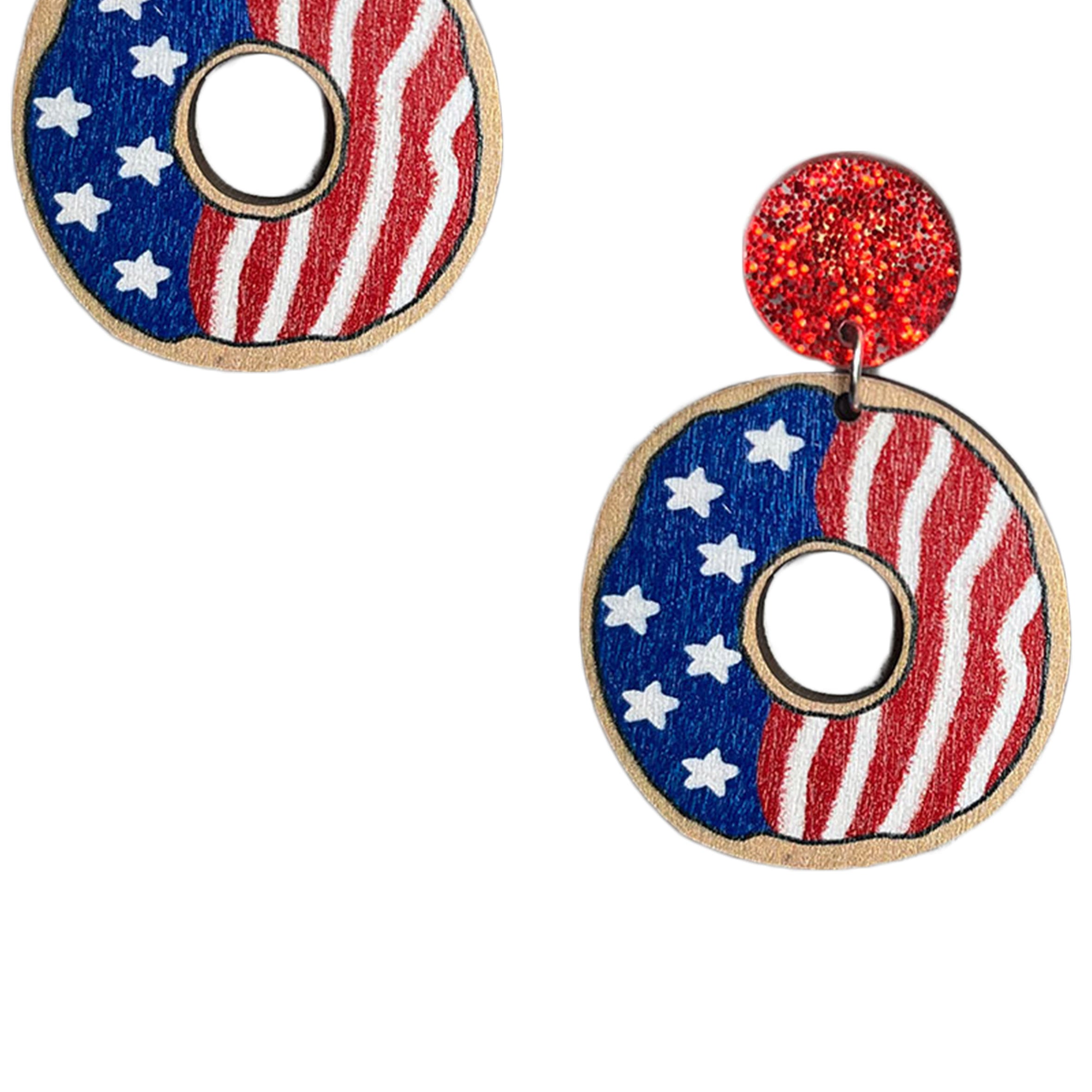 Pendientes de madera con forma de donut y bandera estadounidense E7768