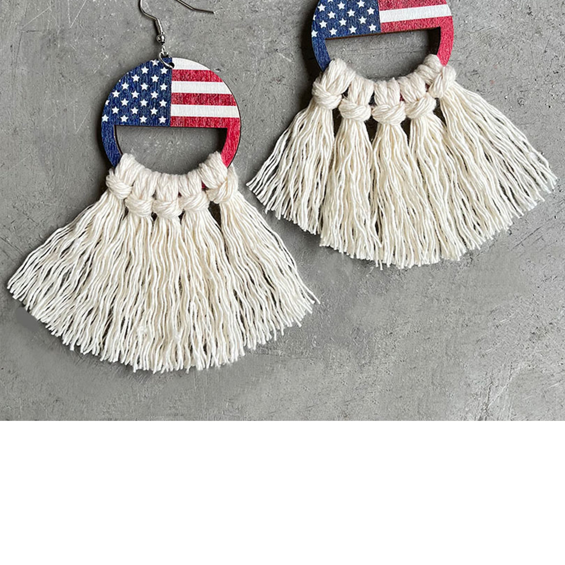 Circle American Flag Wooden Tassel Earrings E7841