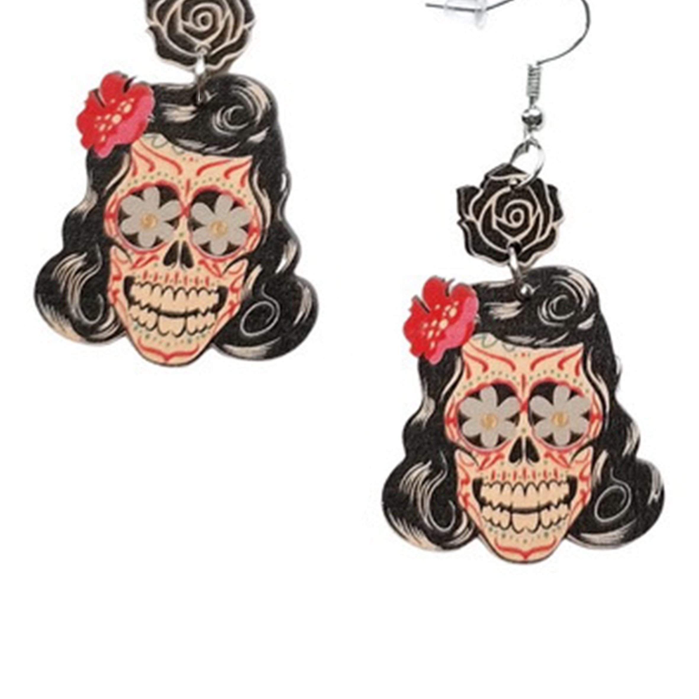 Pendientes de madera con calavera floral de mujer E8283