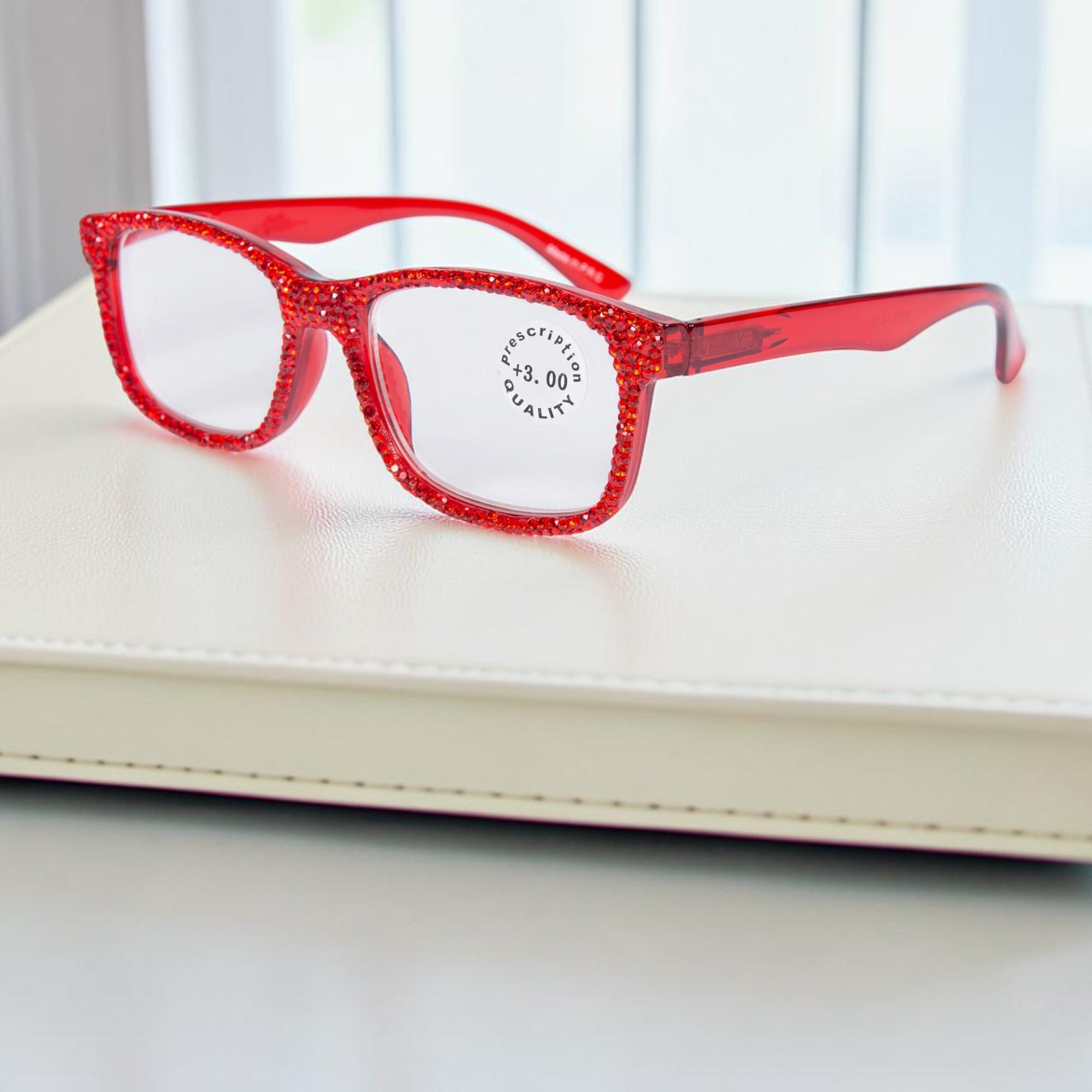 Handmade Rhinestone Rectangle Reader Glasses G0540-Red
