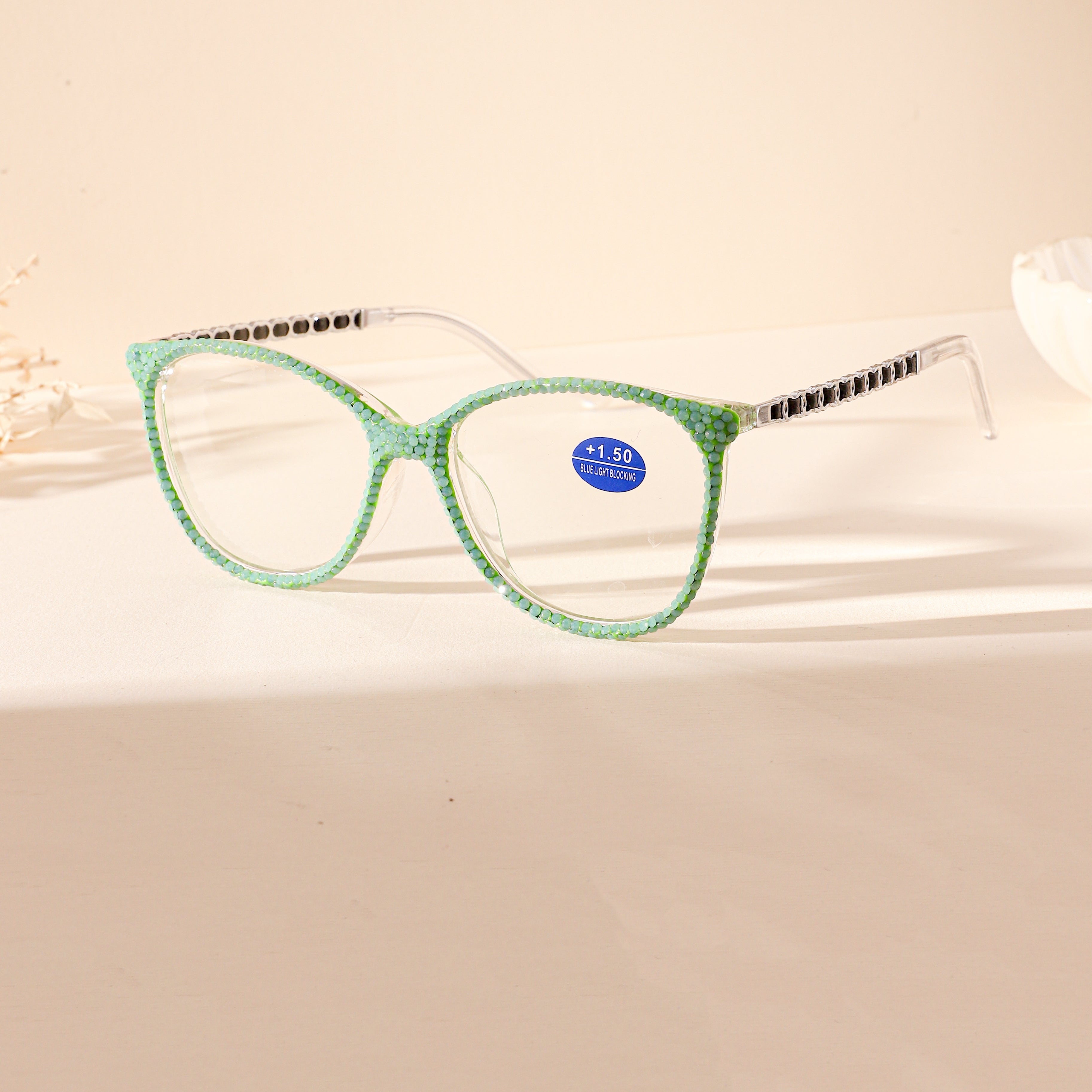Handmade Rhinestone Rectangle Reader Glasses G0571-Green
