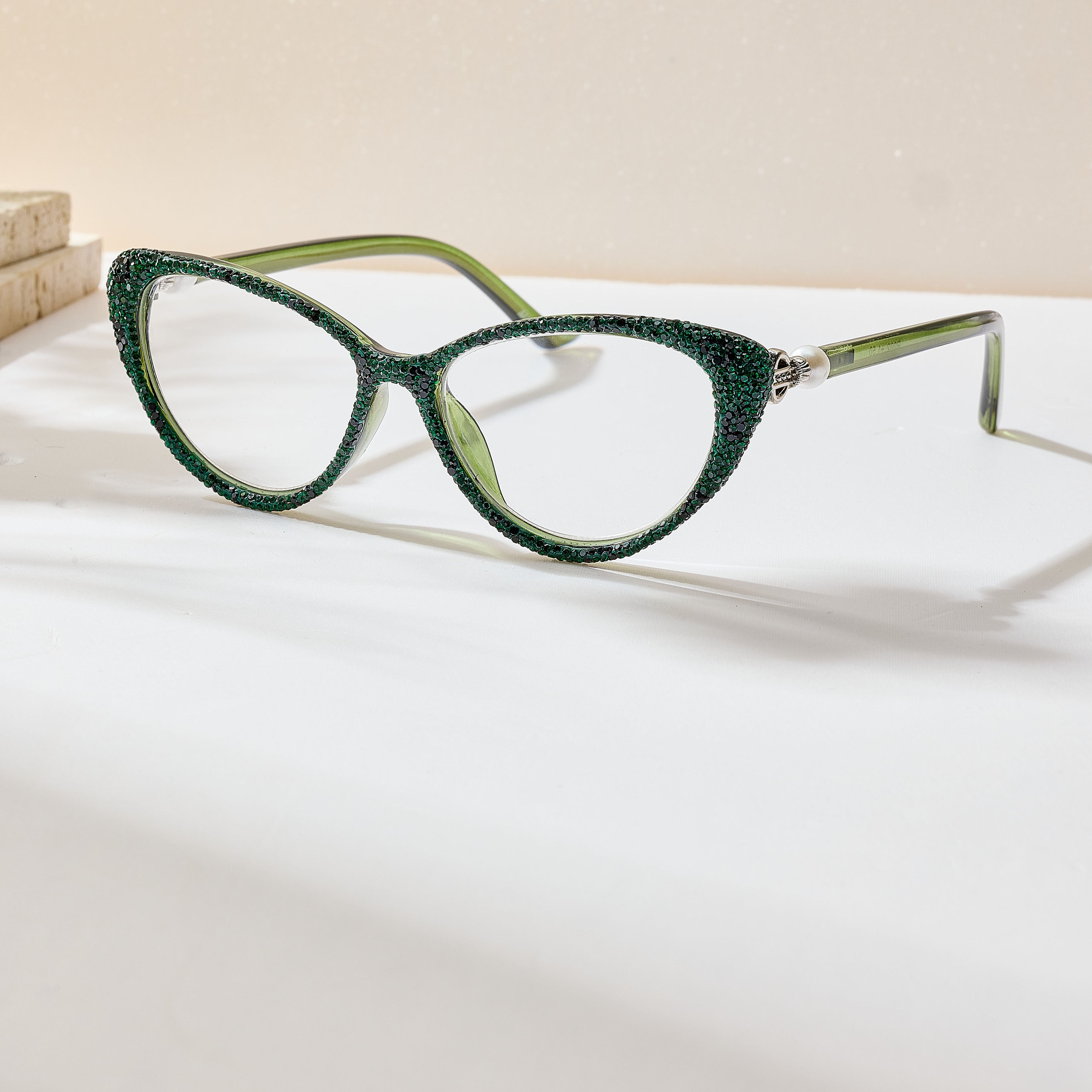 Handmade Rhinestone Cat Eye Reader Glasses G0573-Green