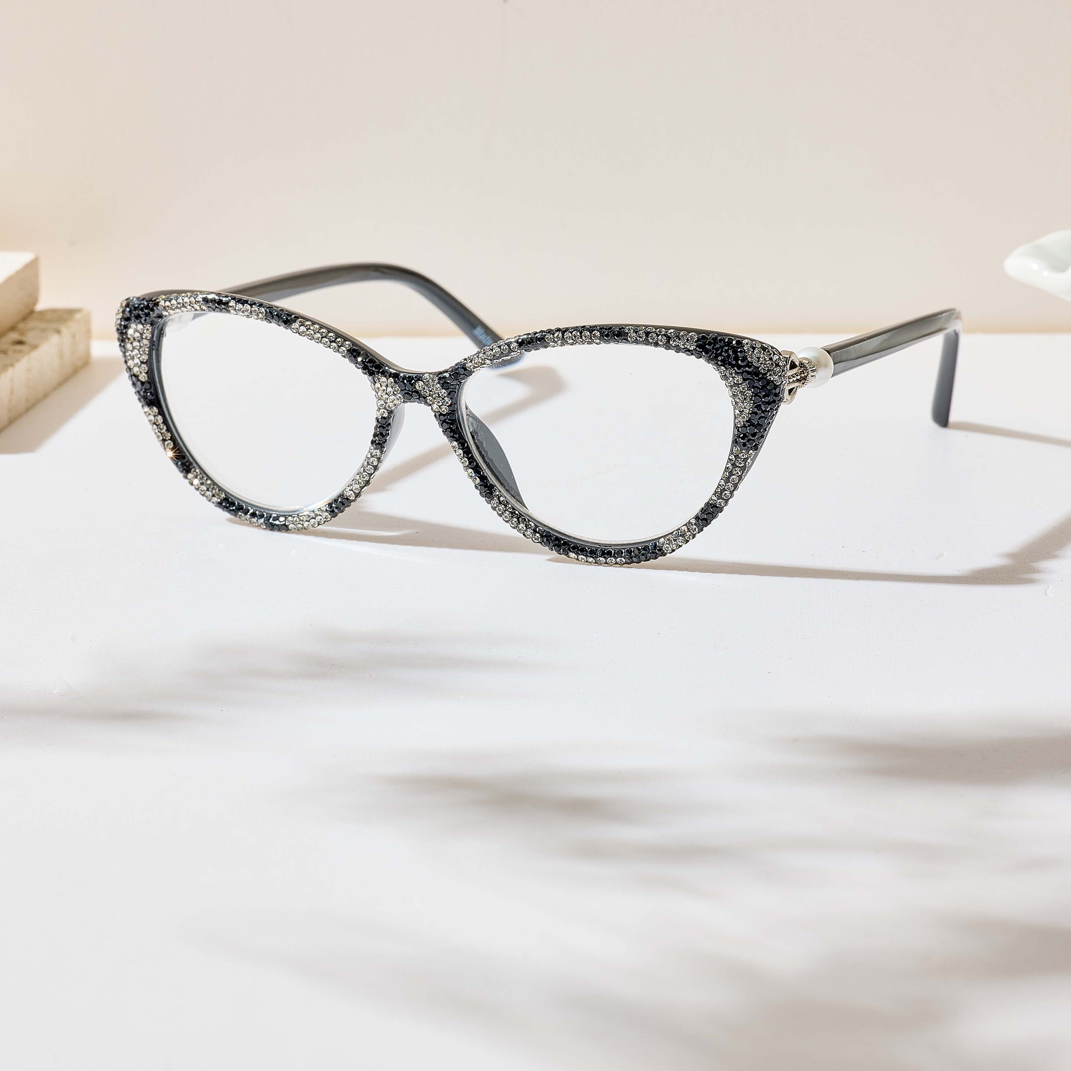 Handmade Rhinestone Cat Eye Reader Glasses G0574-Black