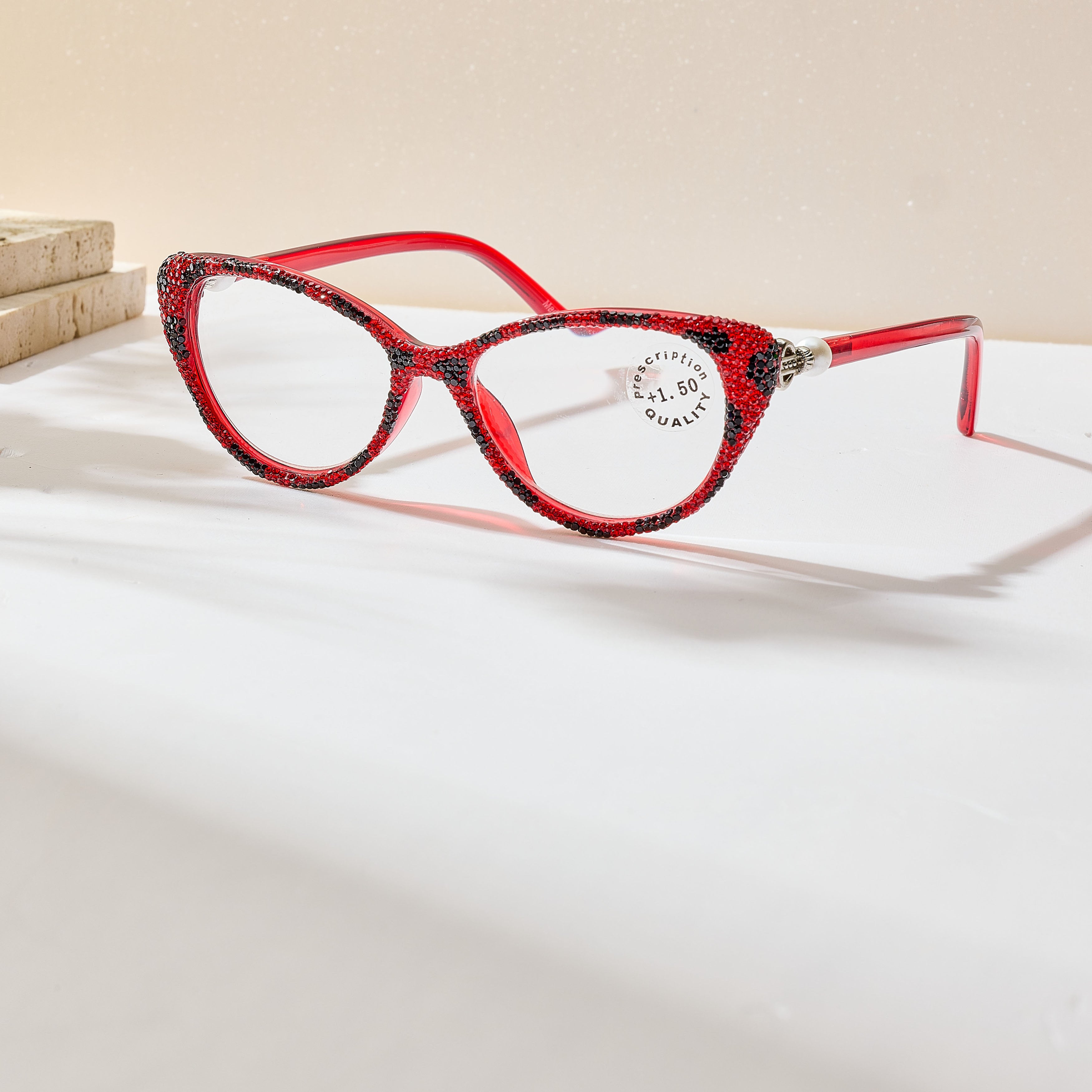 Handmade Rhinestone Cat Eye Reader Glasses G0574-Red