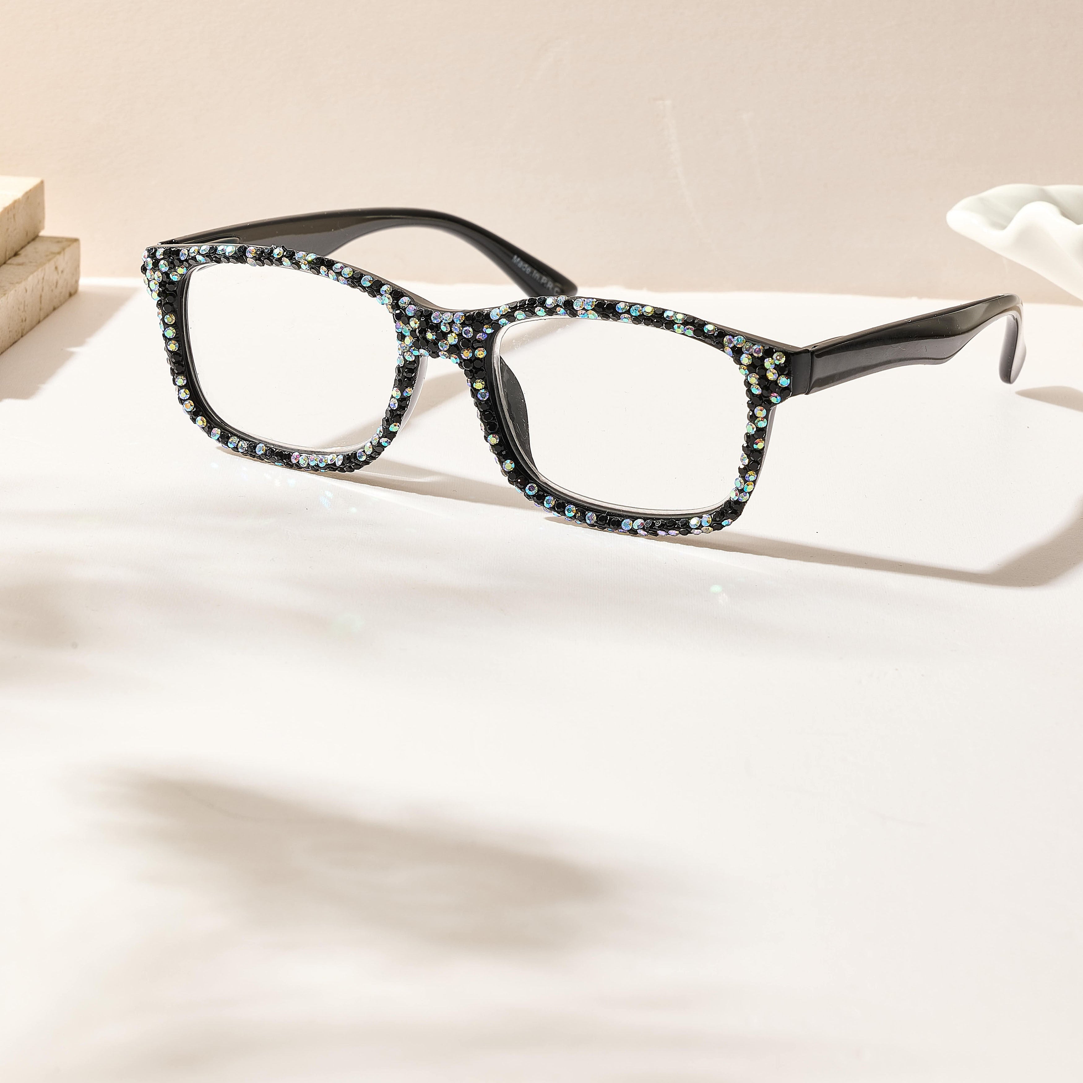Handmade Rhinestone Rectangle Reader Glasses G0575-Black-AB