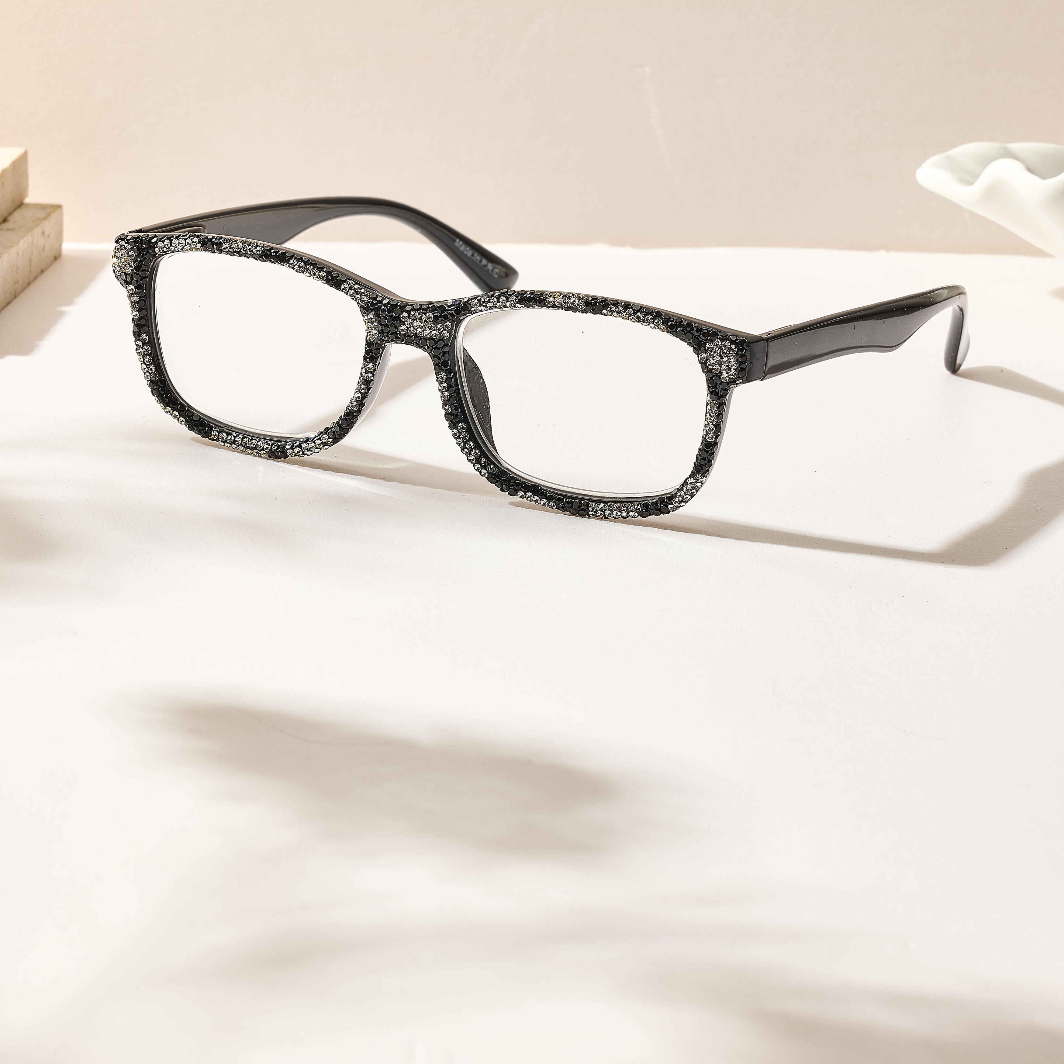 Handmade Rhinestone Rectangle Reader Glasses G0576-Black-White