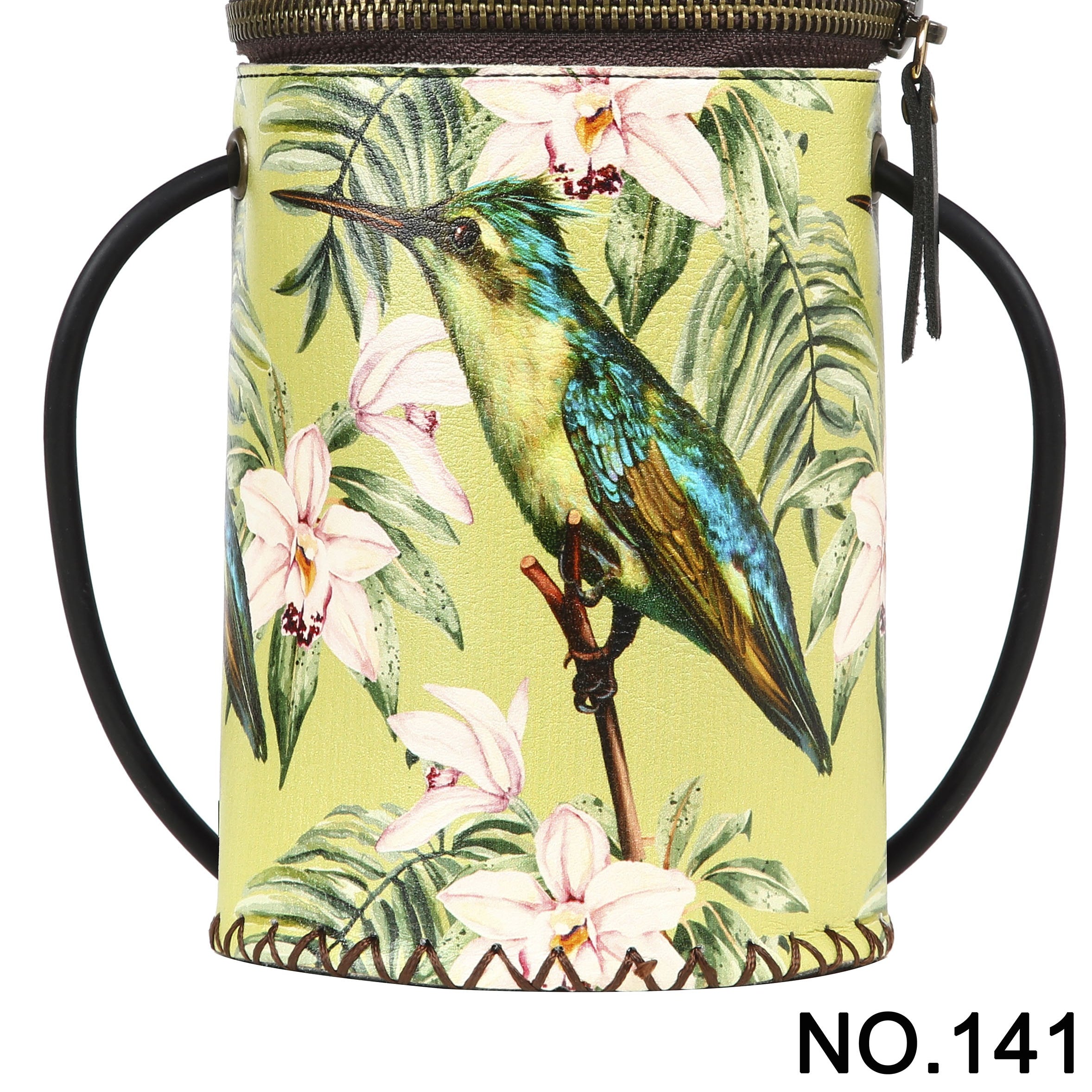 Bolso cilíndrico de piel con estampado de pájaro carpintero floral