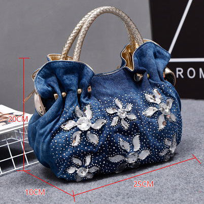 Bolso tote de mezclilla con diamantes de imitación y flores HB2315