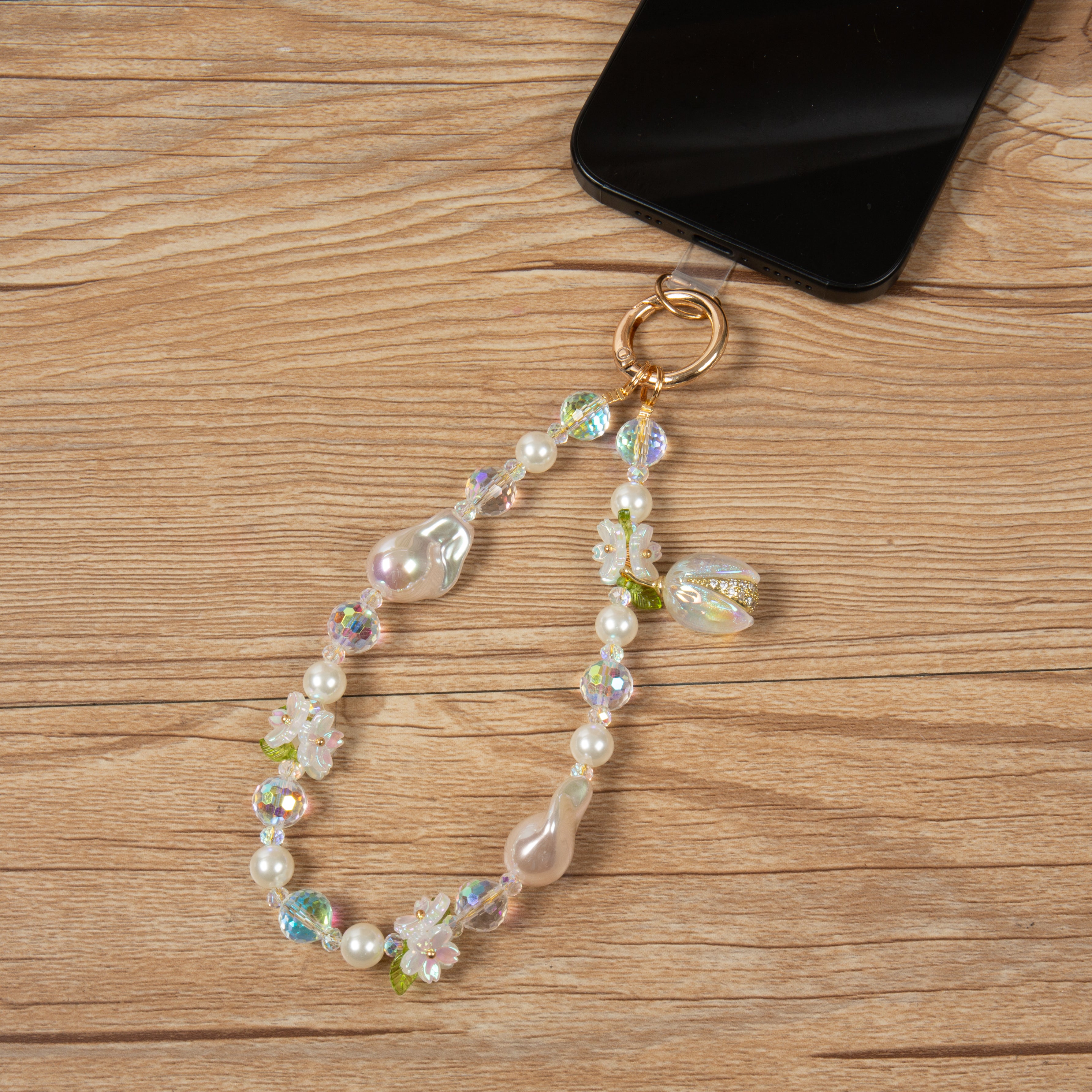 Floral Bead Pistachio Wristlet Lanyard K1421
