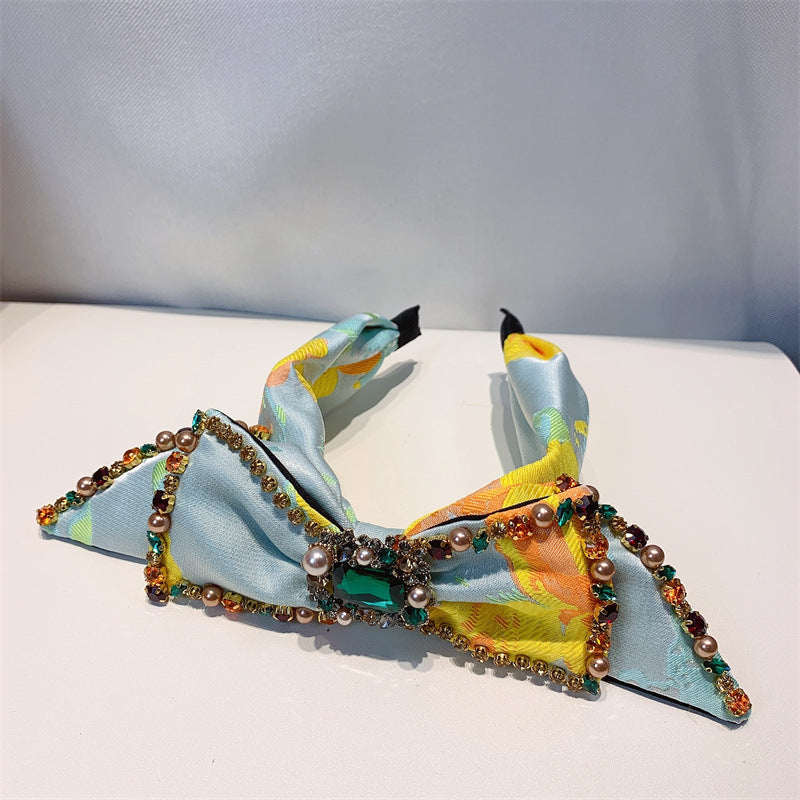 Bow Rhinestone Pearl Fabric Headband L4122