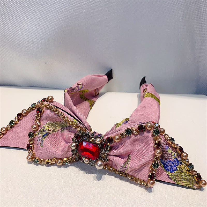 Bow Rhinestone Pearl Fabric Headband L4122
