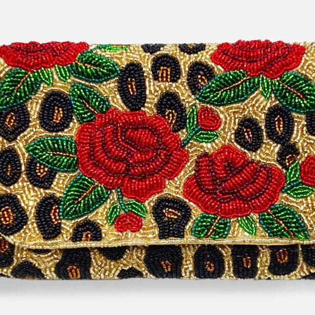 Rose Leopard Beaded Rectangular Mini Clutch LAC-SS-938