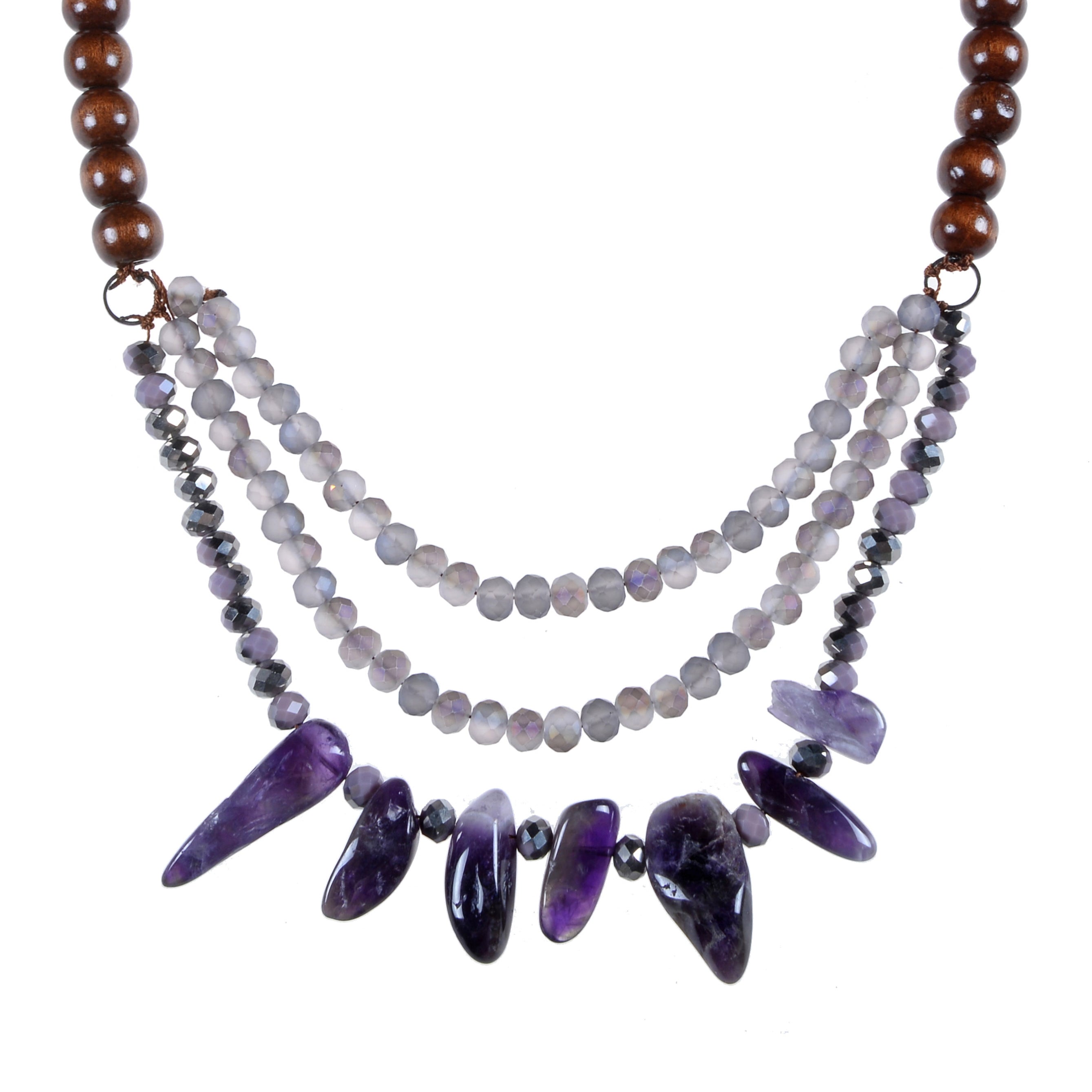 Collar de cuentas de madera de cristal con piedra de grava morada N3030