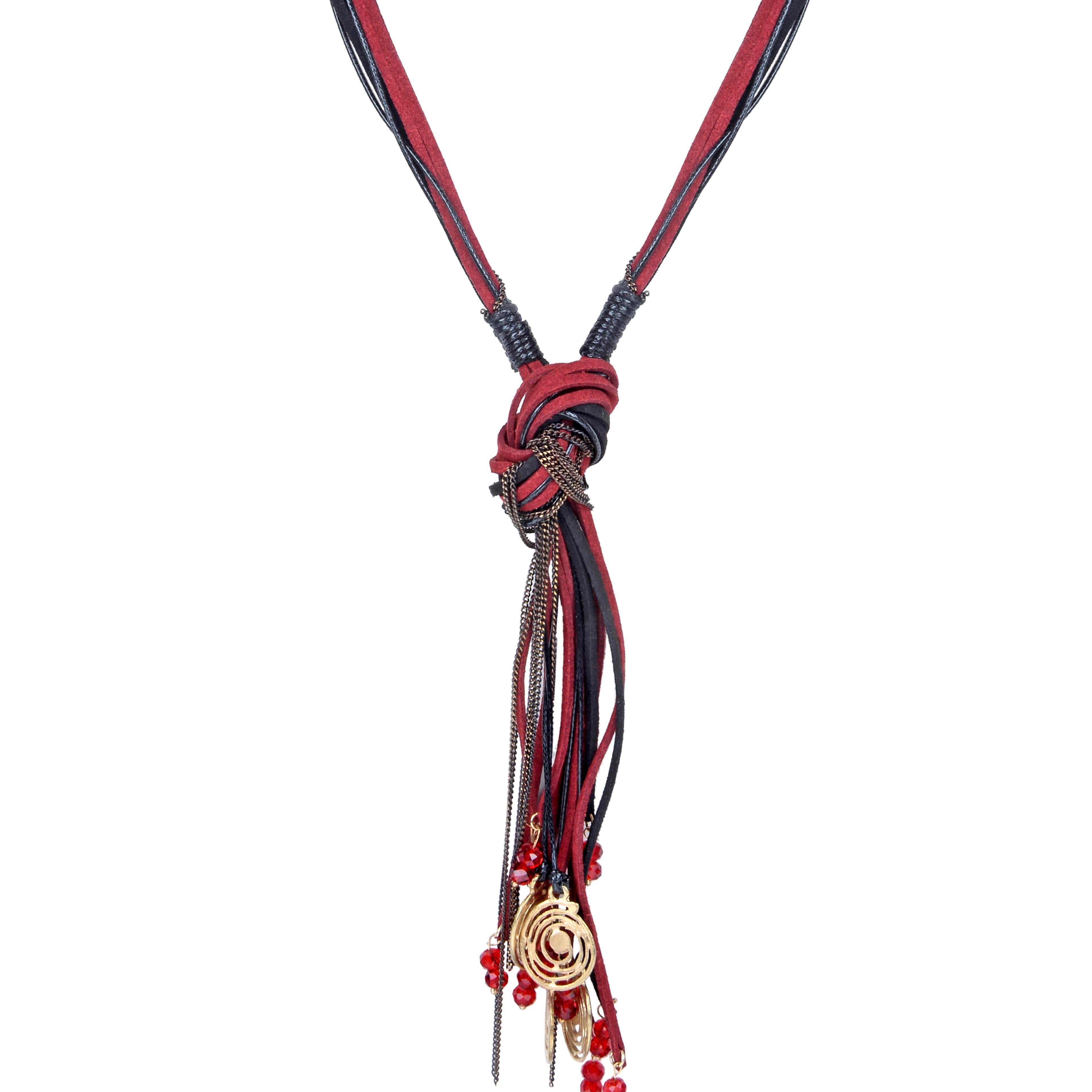 Collar de borlas de cristal y metal de cuero sintético rojo N3118