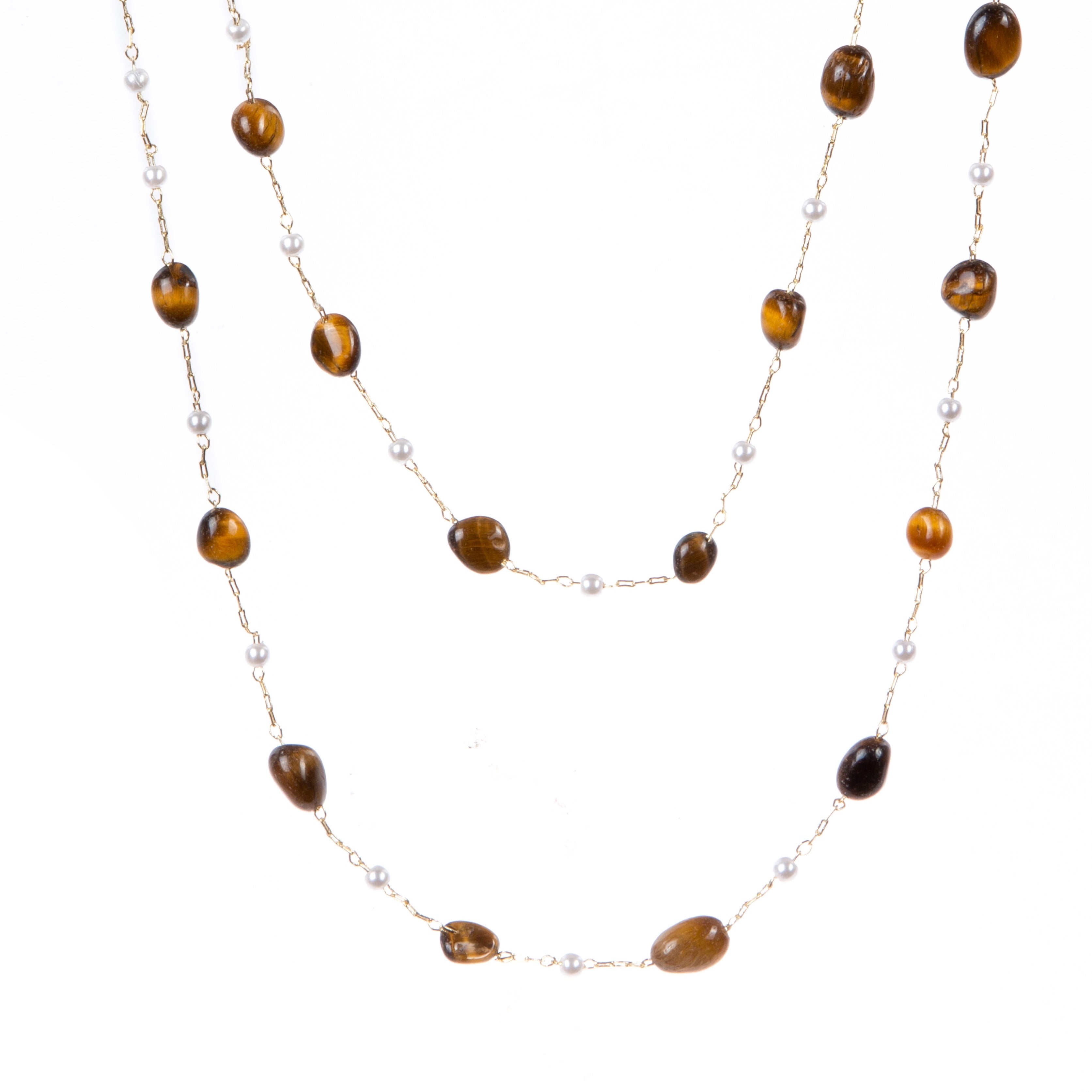 Natural Stone Pearl Chain Necklace N4377-78CM-Tiger Eye