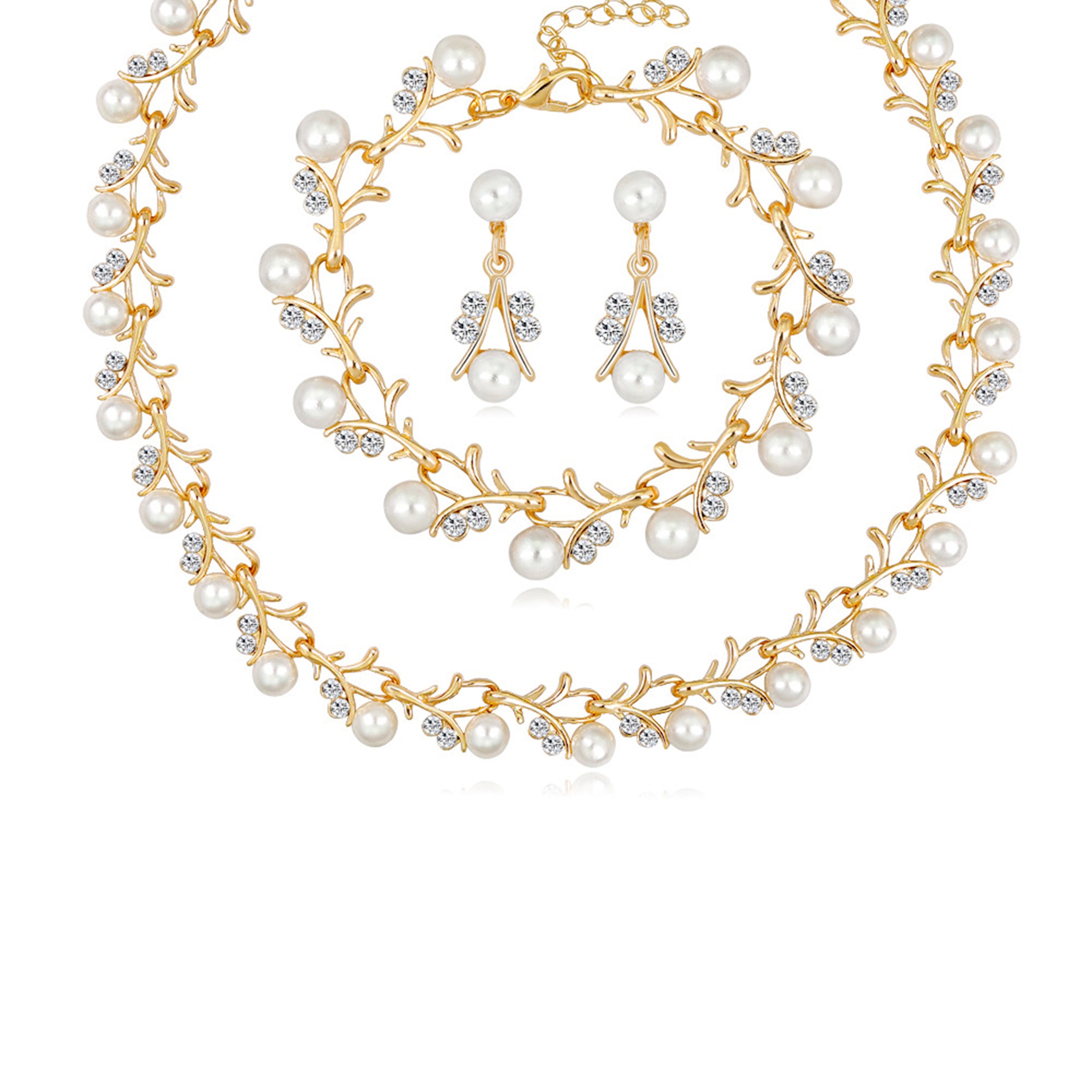 Floral Pearl Rhinestone Earrings Bracelet Necklace Set N4758
