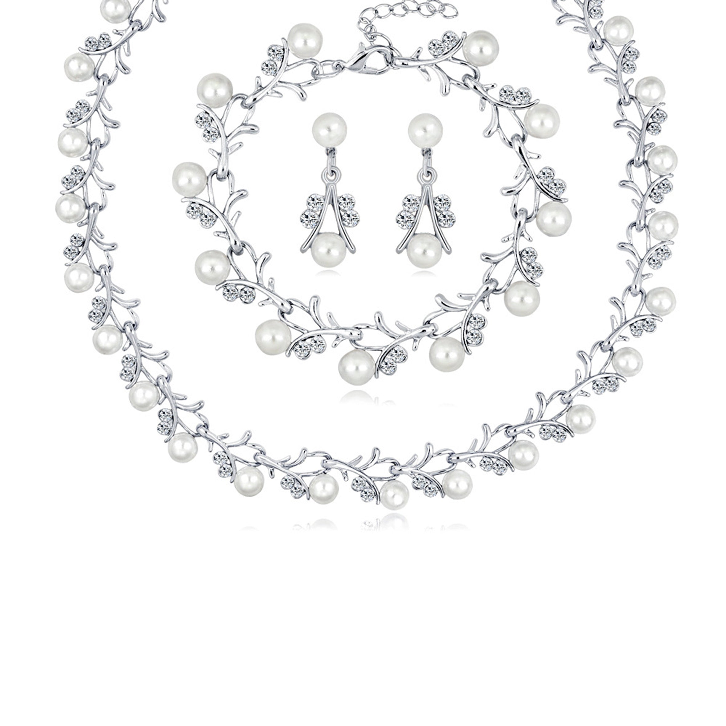 Floral Pearl Rhinestone Earrings Bracelet Necklace Set N4758