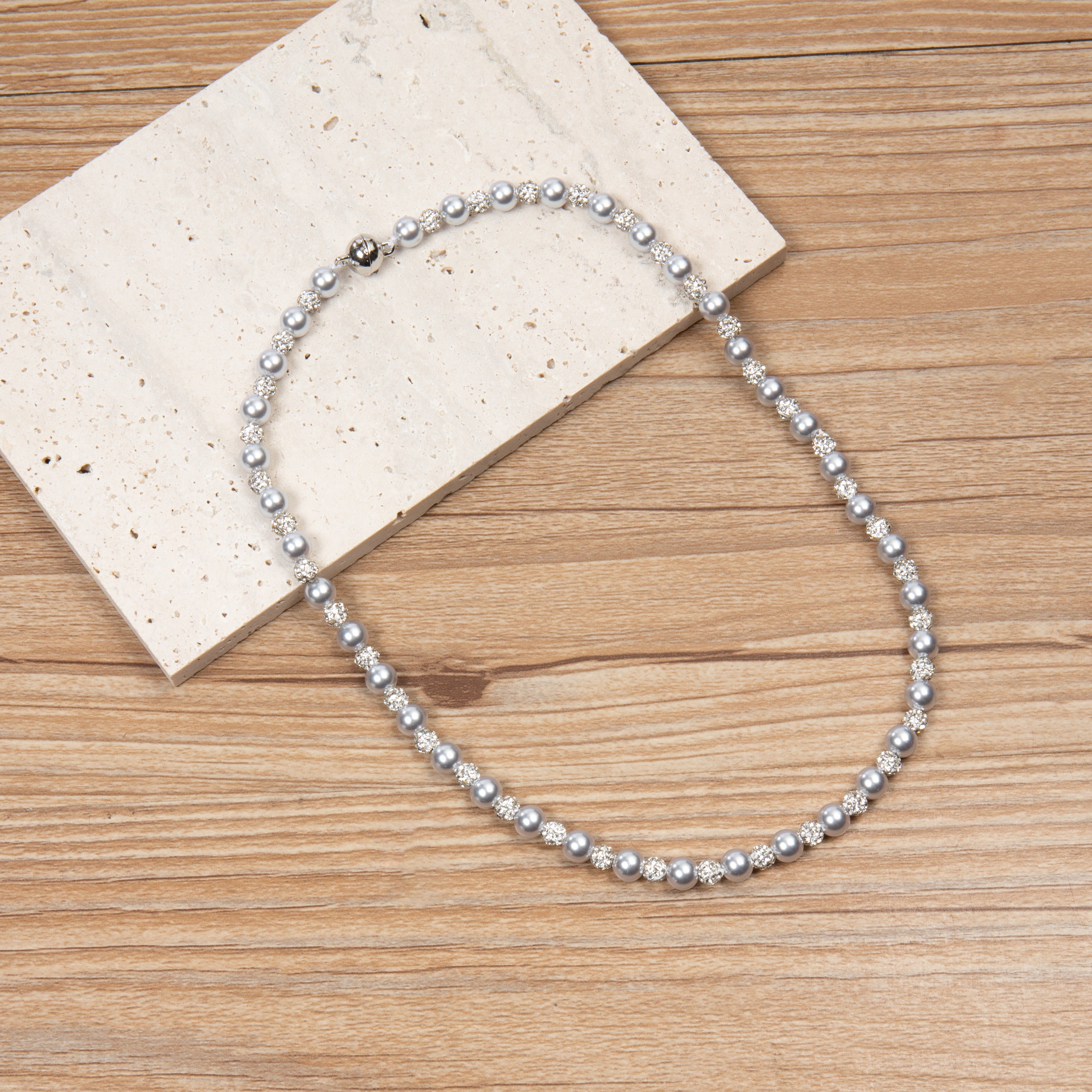 Glass Pearl and Rhinestone Necklace 6MM N5719