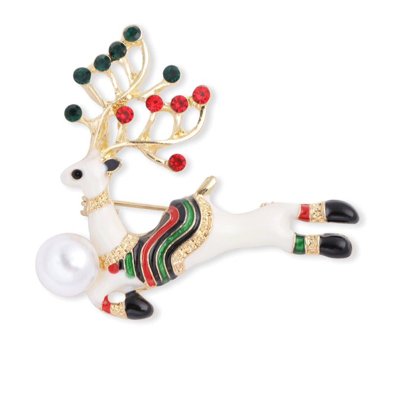 Christmas Elk Rhinestone Pearl Brooch PA3719