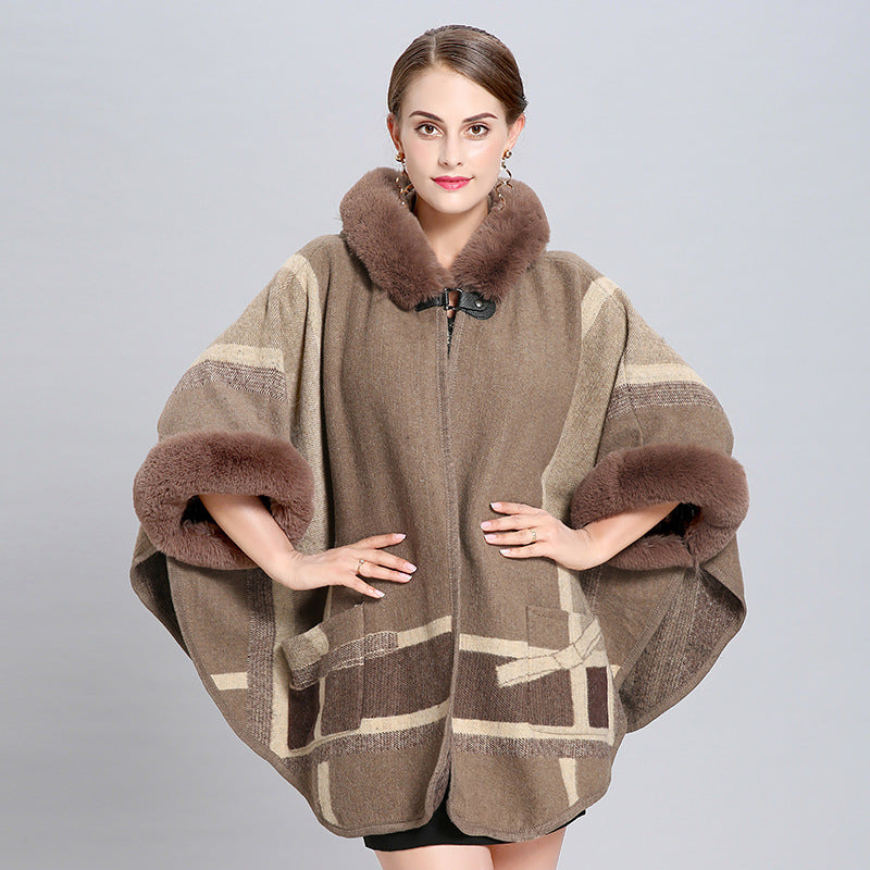 Fur Collar Check Hooded Cape S0139