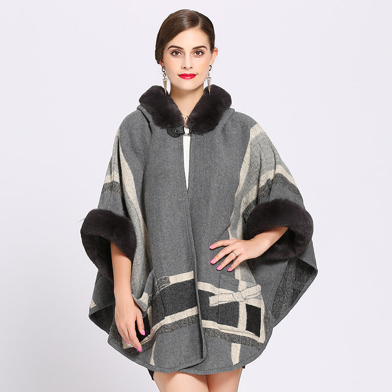 Fur Collar Check Hooded Cape S0139