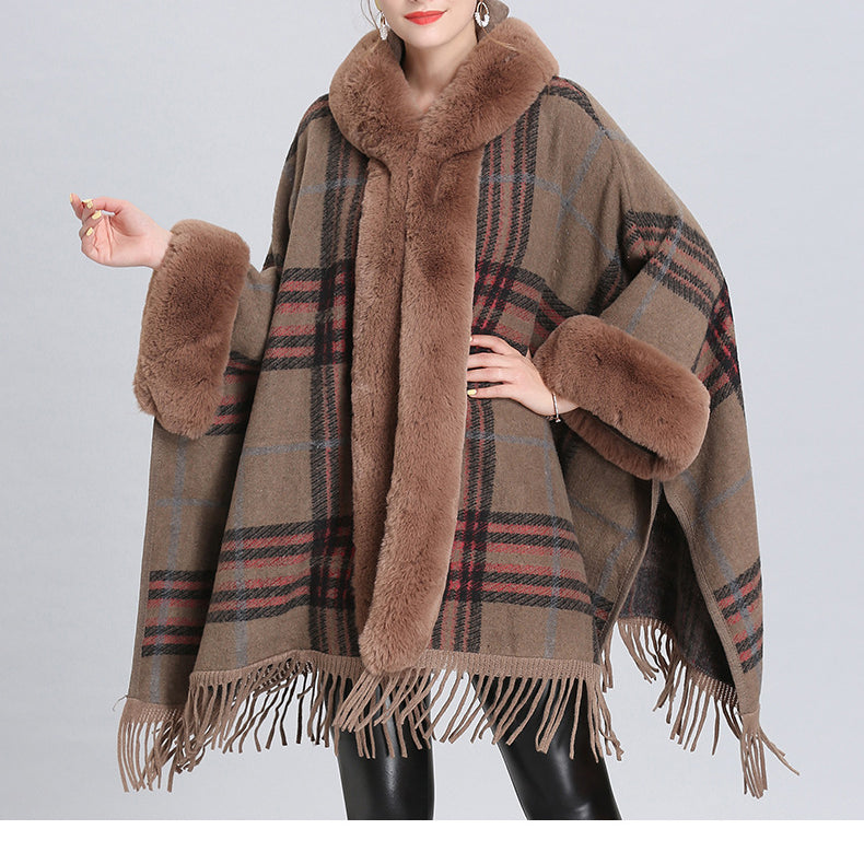 Fur Collar Check Hooded Cape S0140