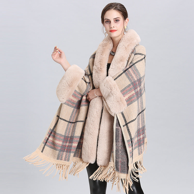 Fur Collar Check Hooded Cape S0140