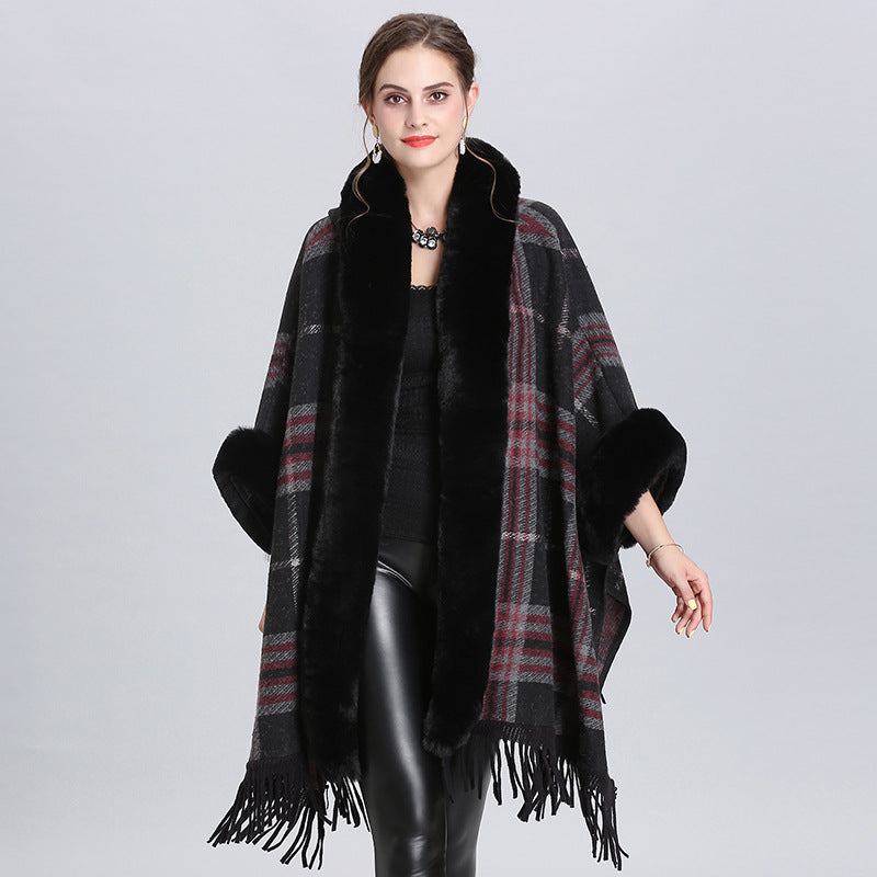 Fur Collar Check Hooded Cape S0140
