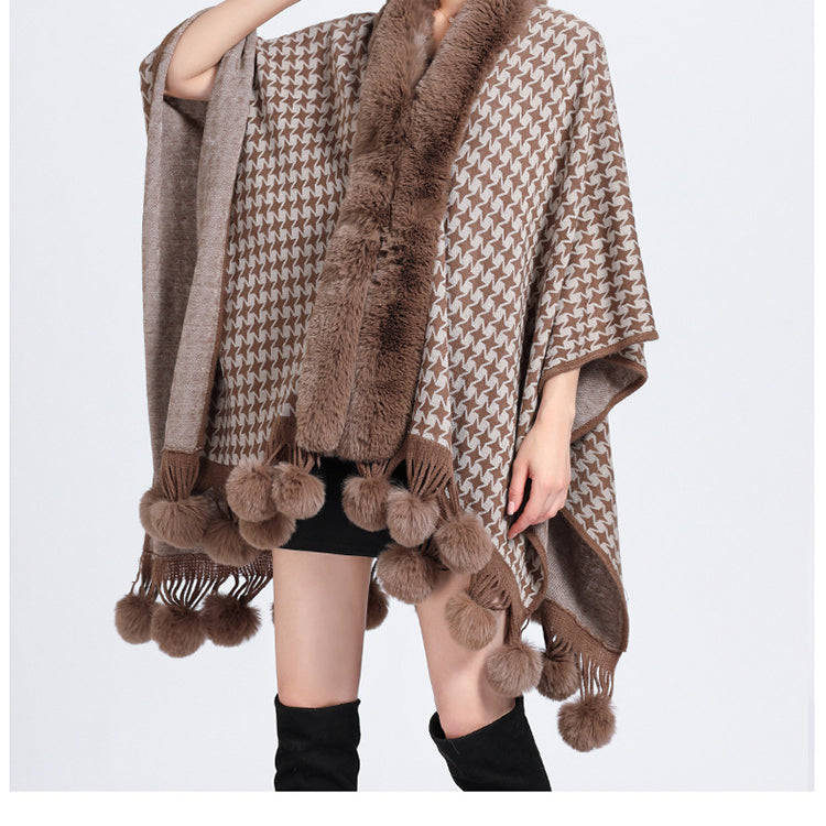 Animal Print Fur Collar Check Cape S0142