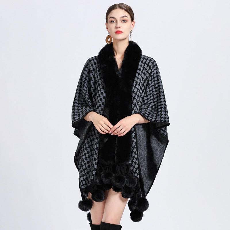 Animal Print Fur Collar Check Cape S0142
