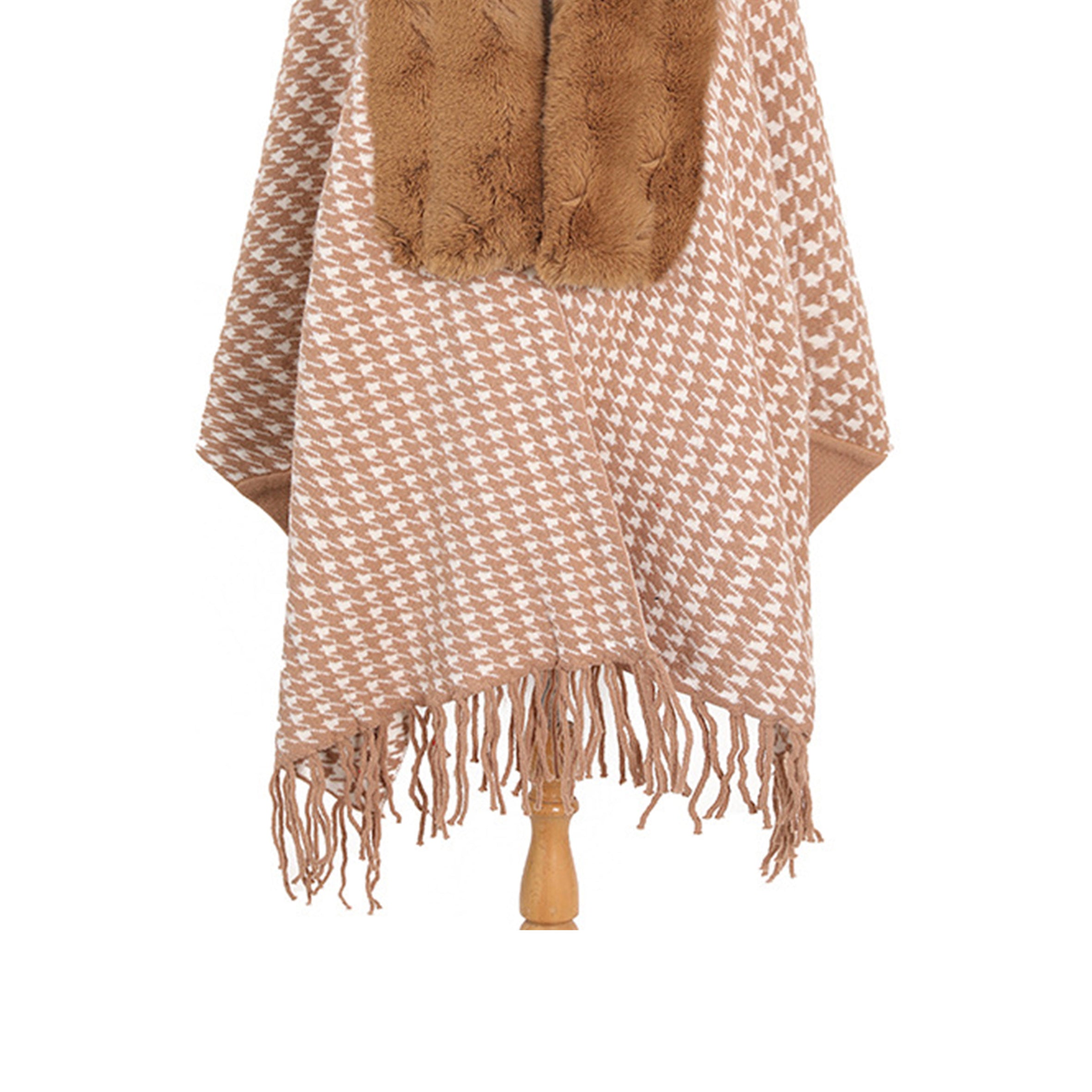 Houndstooth Fur Collar Shawl S0181