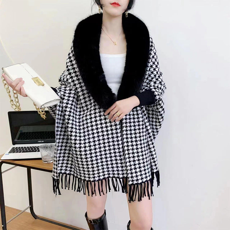 Houndstooth Fur Collar Shawl S0183