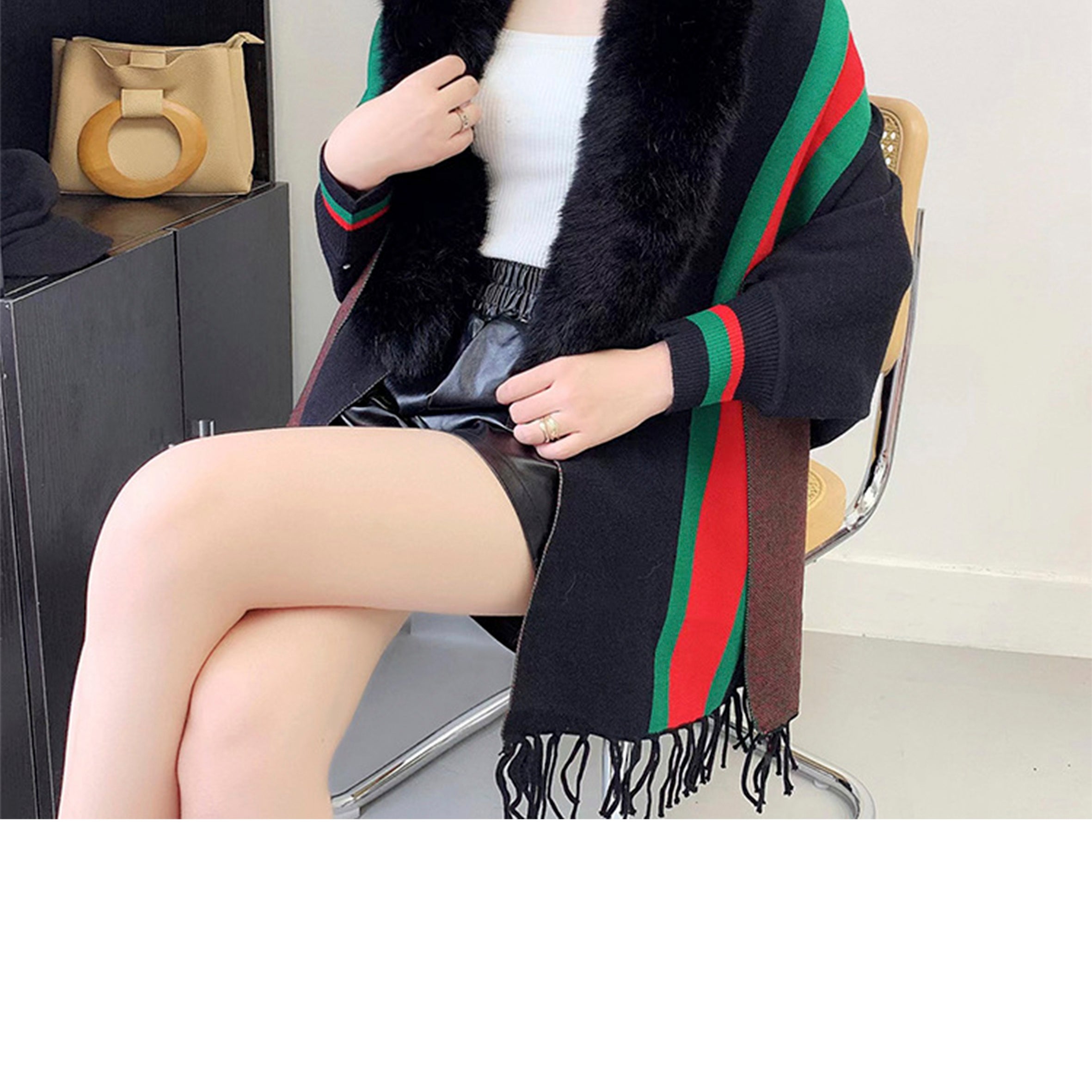 Striped Fur Collar Tassel Shawl S0184