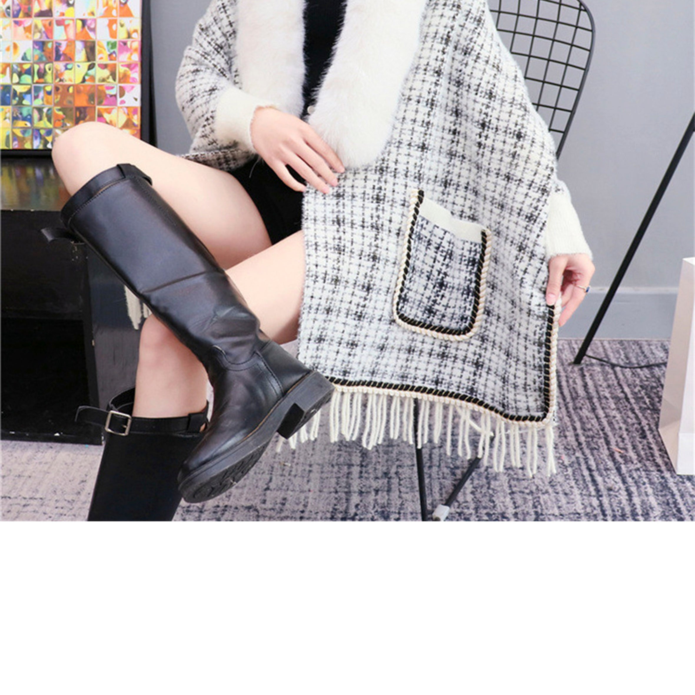 Printed Fur Collar Tassel Shawl S0186