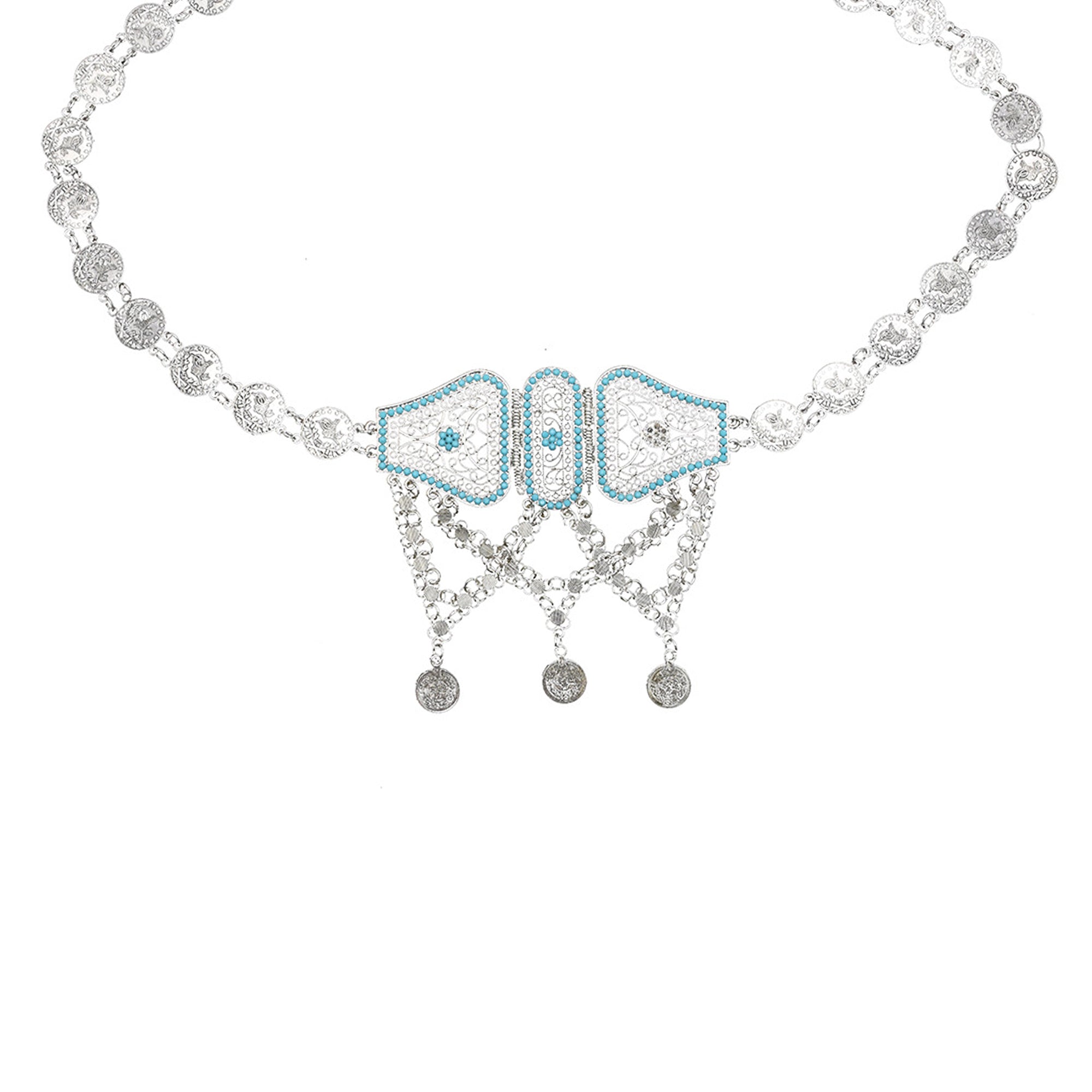 Cadena para la cintura con borlas y monedas de color turquesa WA0060