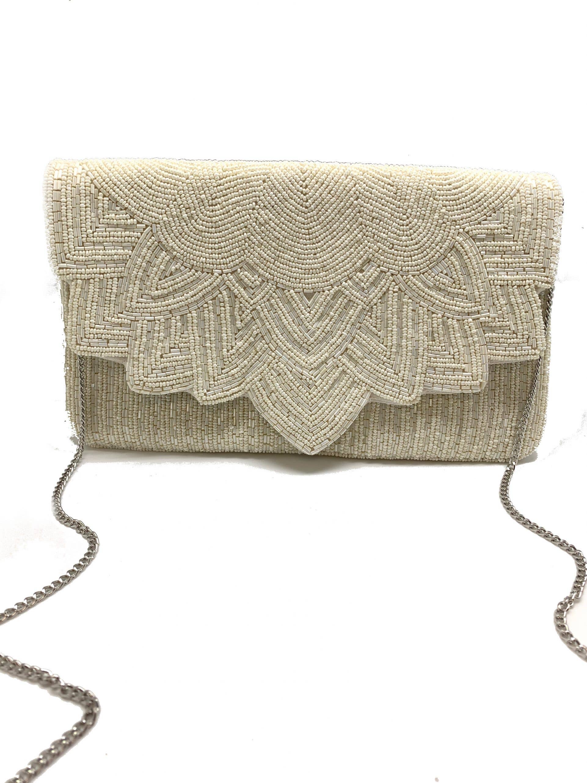 Floral Beaded Envelope Clutch Bag EXW 5051 White