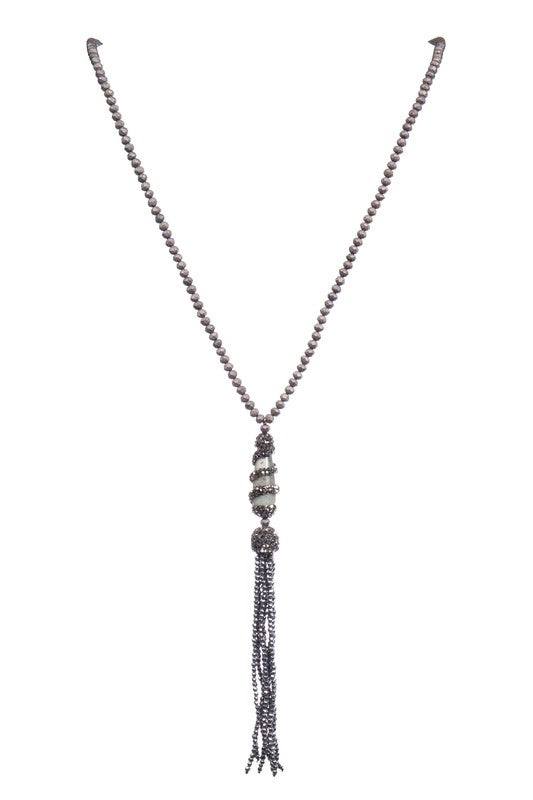 Beaded Tassel Hematite Stone Necklace