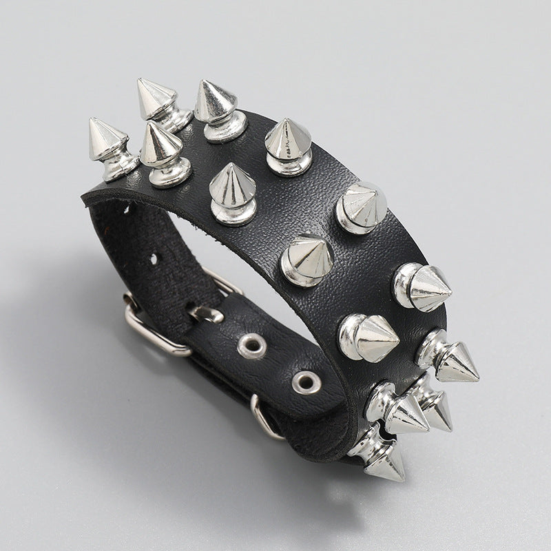 Punk 2 Row Rivet Leather Snap Bracelet B3539