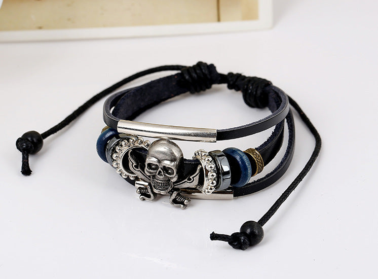 Punk Skull Leather Braided Bracelet B3762 Ole